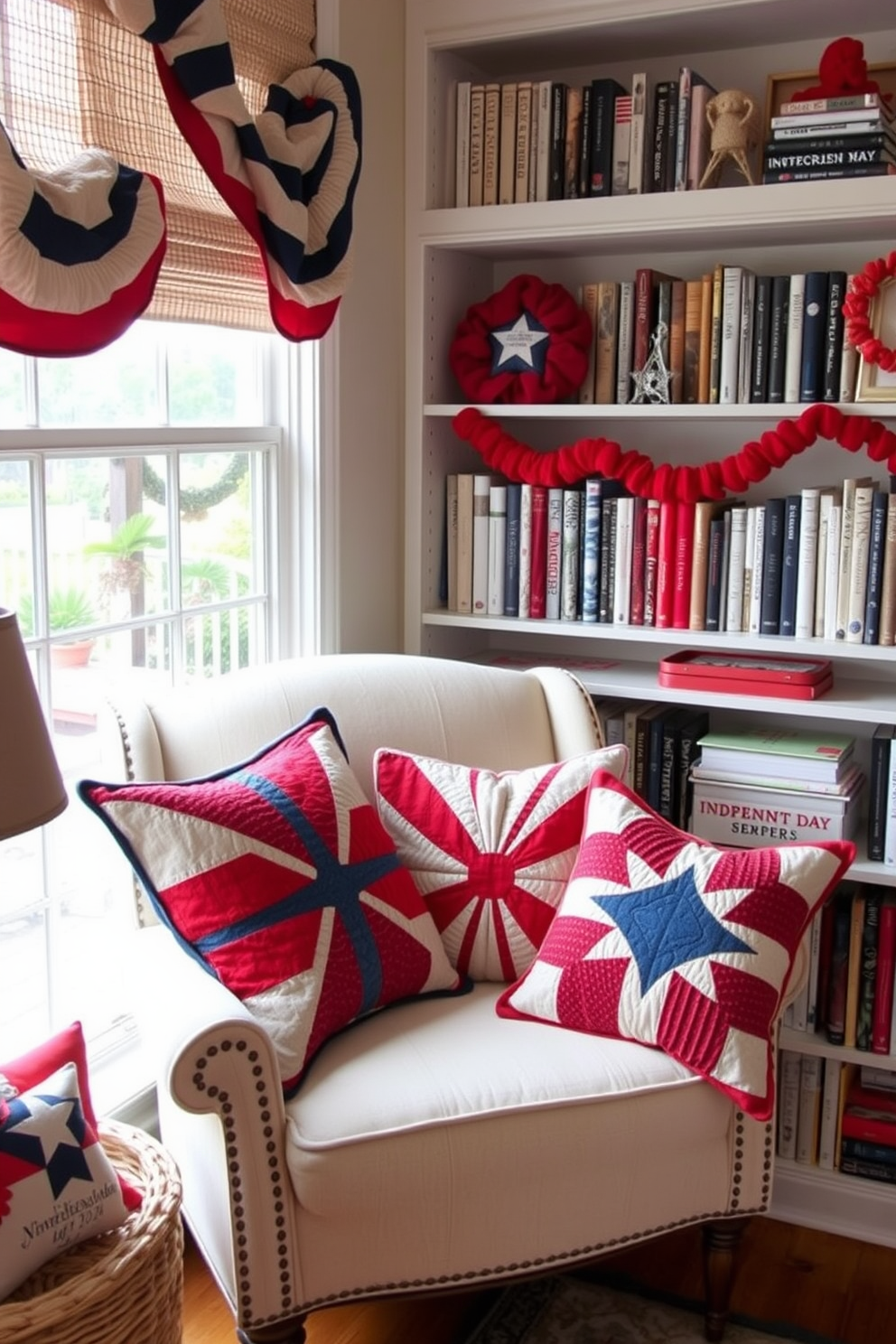 A cozy reading nook adorned with quilted red white and blue cushions that celebrate Independence Day. The space features a comfortable armchair positioned near a window, surrounded by shelves filled with books and patriotic decor.