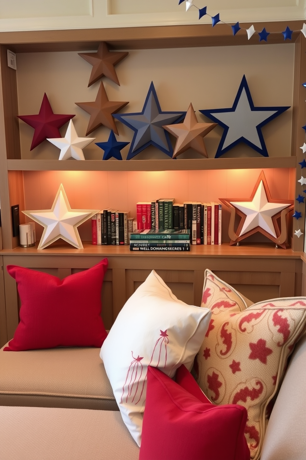 A cozy reading nook adorned with star shaped fairy lights draped overhead creates a warm and inviting atmosphere. A comfortable armchair in a soft blue fabric sits in the corner next to a small side table stacked with patriotic-themed books and a decorative Independence Day throw pillow.