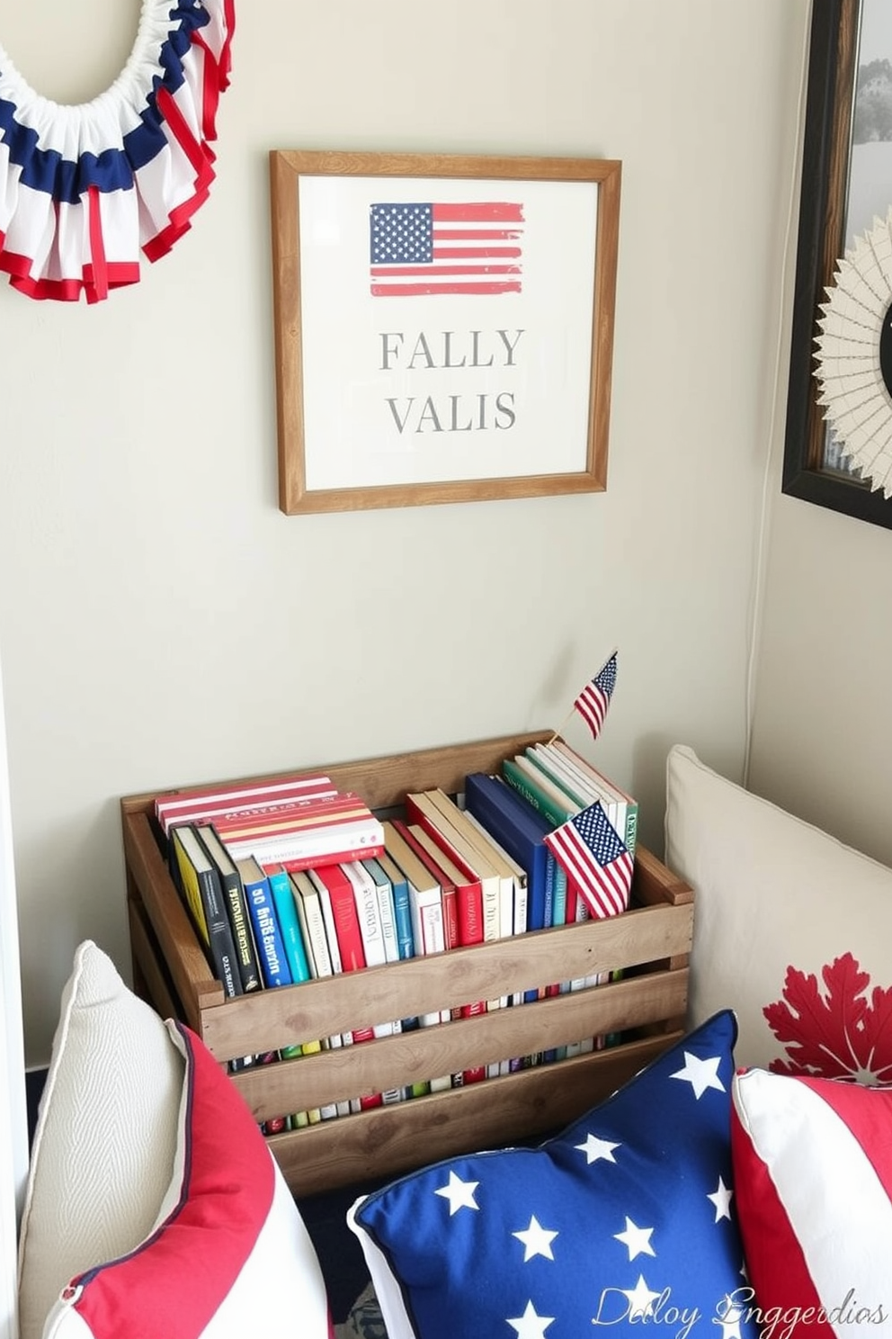 A cozy reading nook featuring a rustic wooden crate filled with an assortment of books. The space is adorned with patriotic decorations celebrating Independence Day, including red, white, and blue throw pillows and a small American flag.