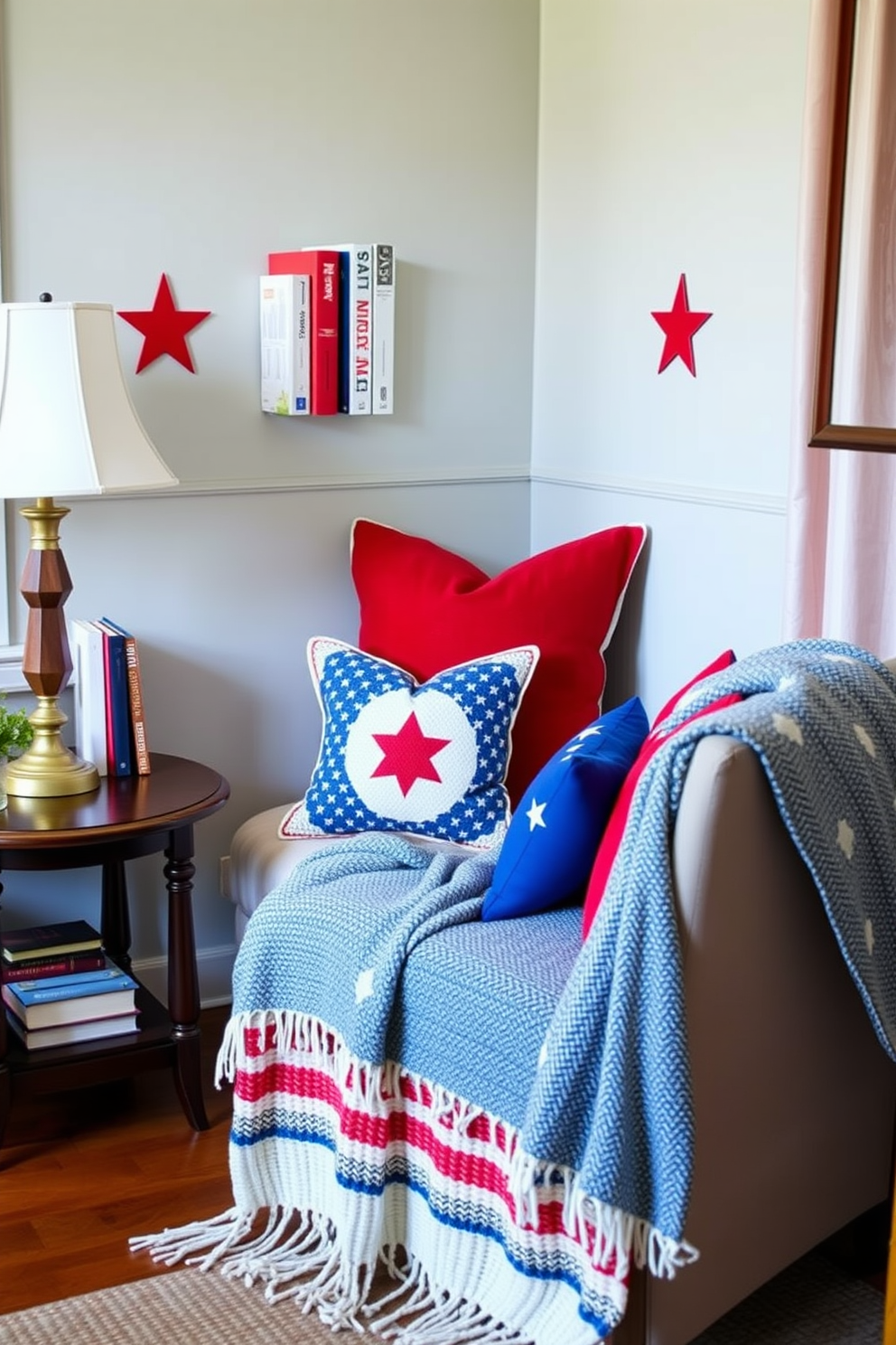 A cozy reading nook featuring red white and blue bean bags arranged in a playful manner. The nook is adorned with festive decorations celebrating Independence Day, including small flags and themed cushions.