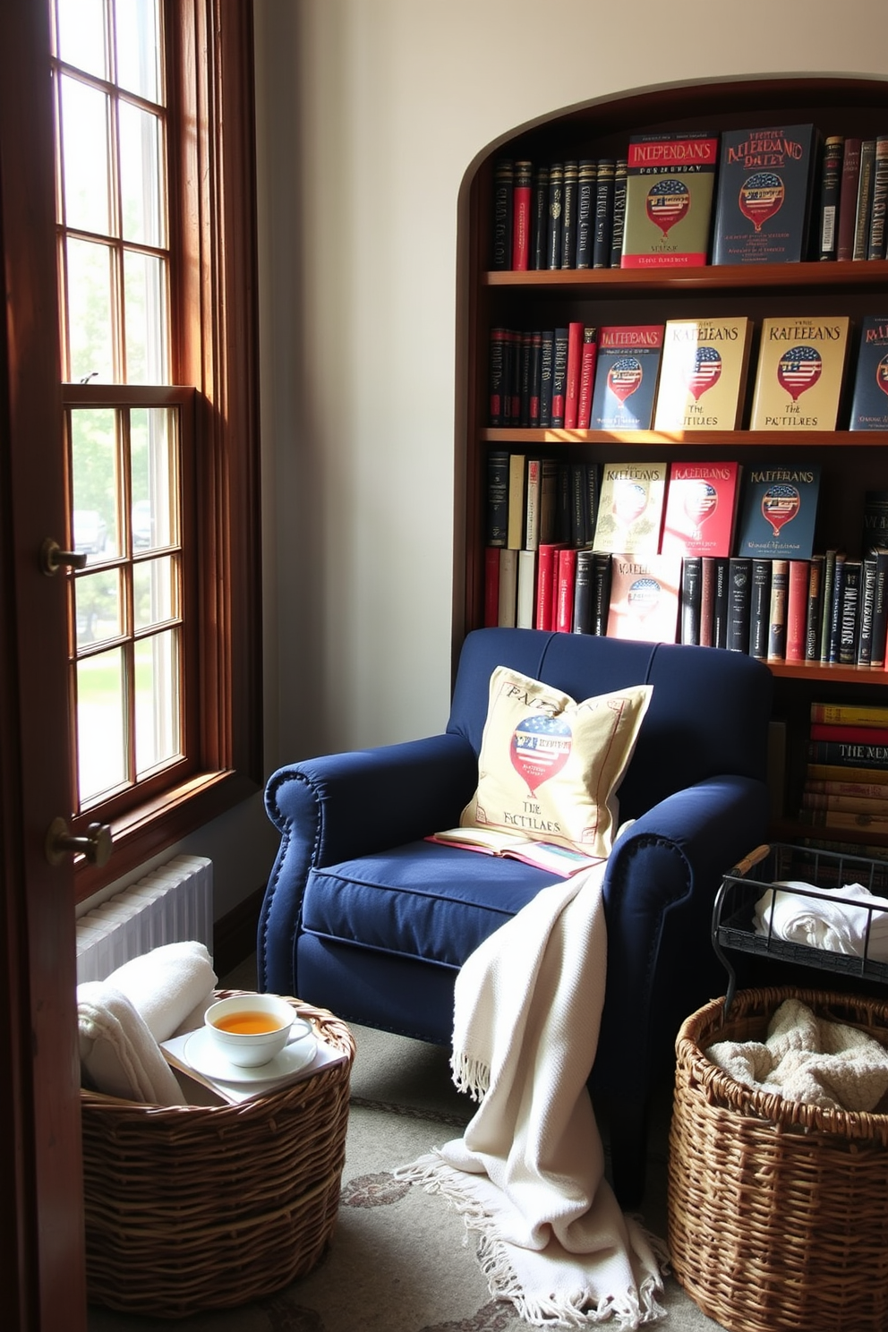 A cozy reading nook adorned with framed quotes from the Founding Fathers. The space features a comfortable armchair in a rich navy fabric, positioned beside a small wooden side table. On the wall, several quotes are elegantly framed in antique gold frames, creating a gallery effect. A plush area rug in a subtle pattern anchors the space, while a small bookshelf holds classic literature and patriotic decor items.