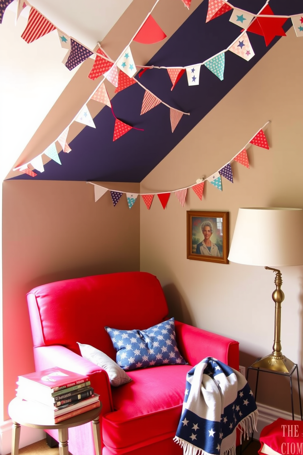 A cozy reading nook adorned with whimsical bunting along the ceiling. The space features a comfortable armchair in a vibrant red fabric, accompanied by a small side table holding a stack of classic novels and a patriotic throw blanket.