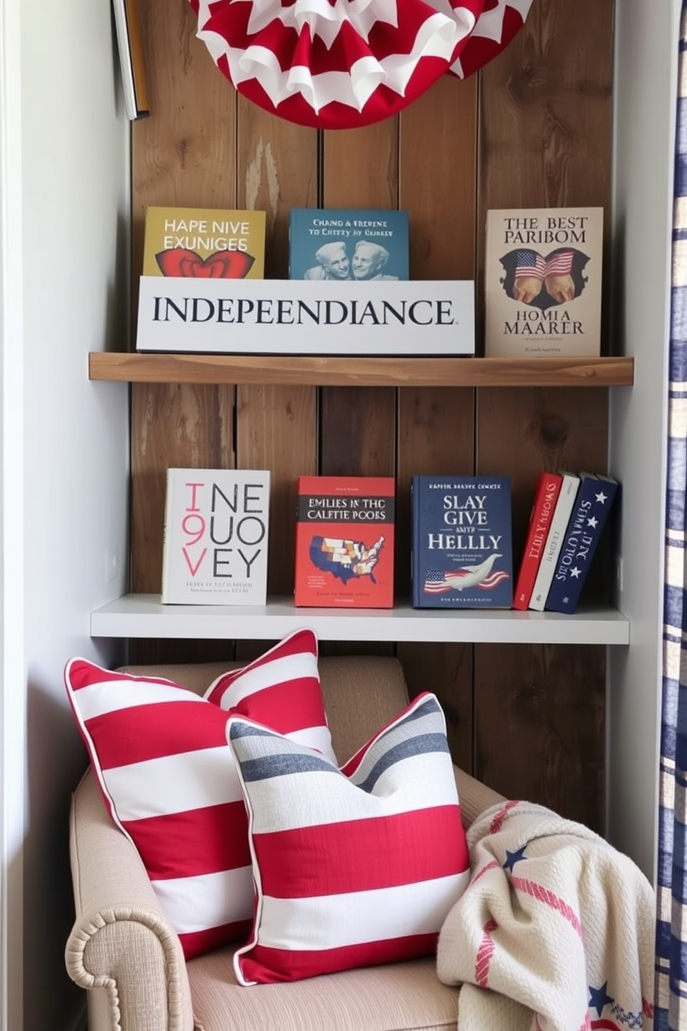 A cozy reading nook celebrating Independence Day features patriotic themed book covers displayed prominently on a rustic wooden shelf. The nook is adorned with red white and blue cushions and a soft throw blanket draped over a comfortable armchair.