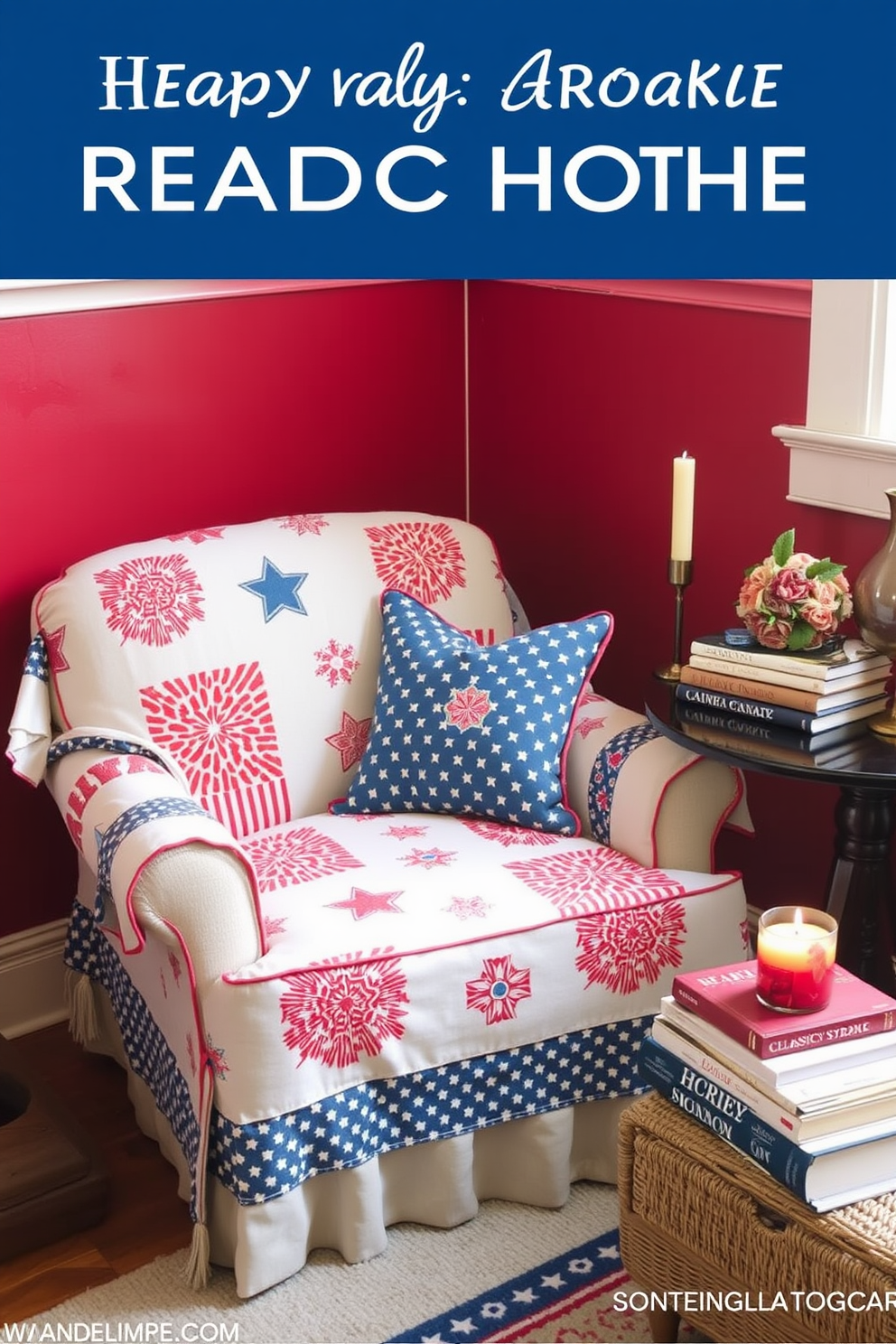 A cozy reading nook features a comfortable reading chair adorned with a patriotic slipcover showcasing red white and blue patterns. Nearby a small side table holds a stack of classic novels and a festive candle adds a warm glow to the space.