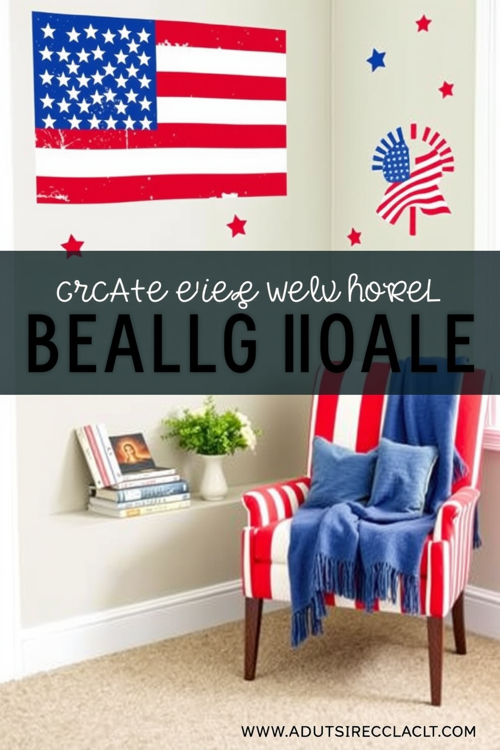 A cozy reading nook adorned with Independence Day themed bookmarks. The space features a plush armchair draped in a red and white striped throw, with a small side table displaying a collection of bookmarks featuring stars and stripes designs. The walls are decorated with patriotic art, including framed quotes and images of the American flag. A soft blue rug underfoot adds comfort, while a nearby bookshelf is filled with classic American literature and seasonal decor.