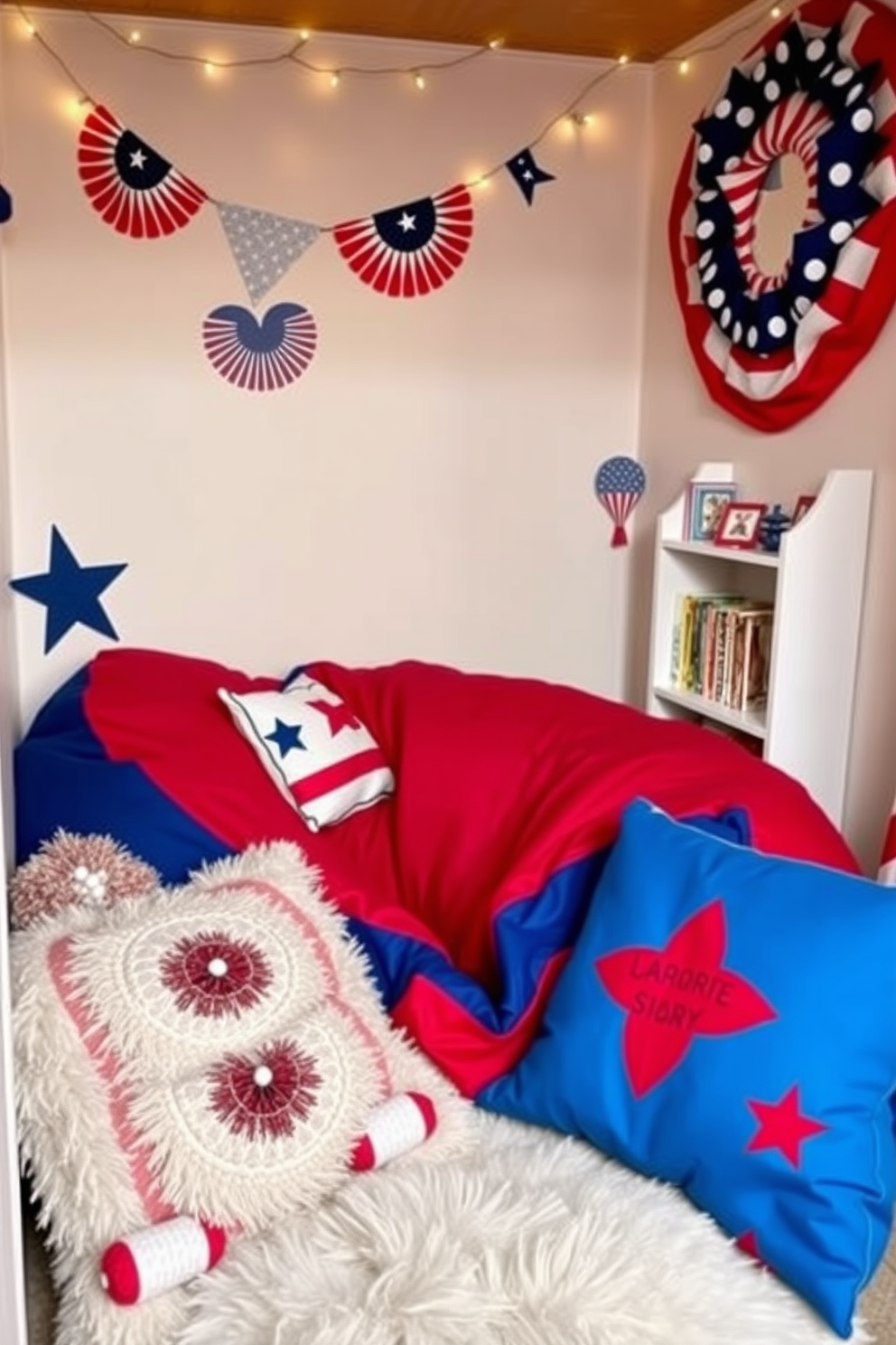 Cozy corner with oversized bean bag. A vibrant red and blue bean bag sits in the corner, surrounded by plush throw pillows. The nook is adorned with festive decorations celebrating Independence Day. A small bookshelf filled with patriotic-themed books and a string of fairy lights overhead create a warm atmosphere.