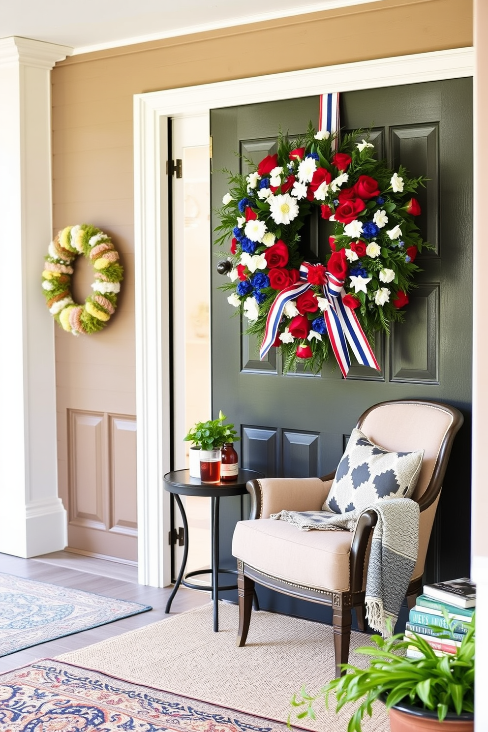 A vibrant seasonal wreath adorns the front door, featuring red white and blue flowers and ribbons to celebrate Independence Day. The entrance is warm and inviting with a touch of patriotic flair that welcomes guests. The reading nook is designed for comfort and relaxation with a plush armchair in a soft fabric and a small side table for drinks. Cozy throw blankets and a stack of books create an inviting atmosphere perfect for leisurely afternoons.