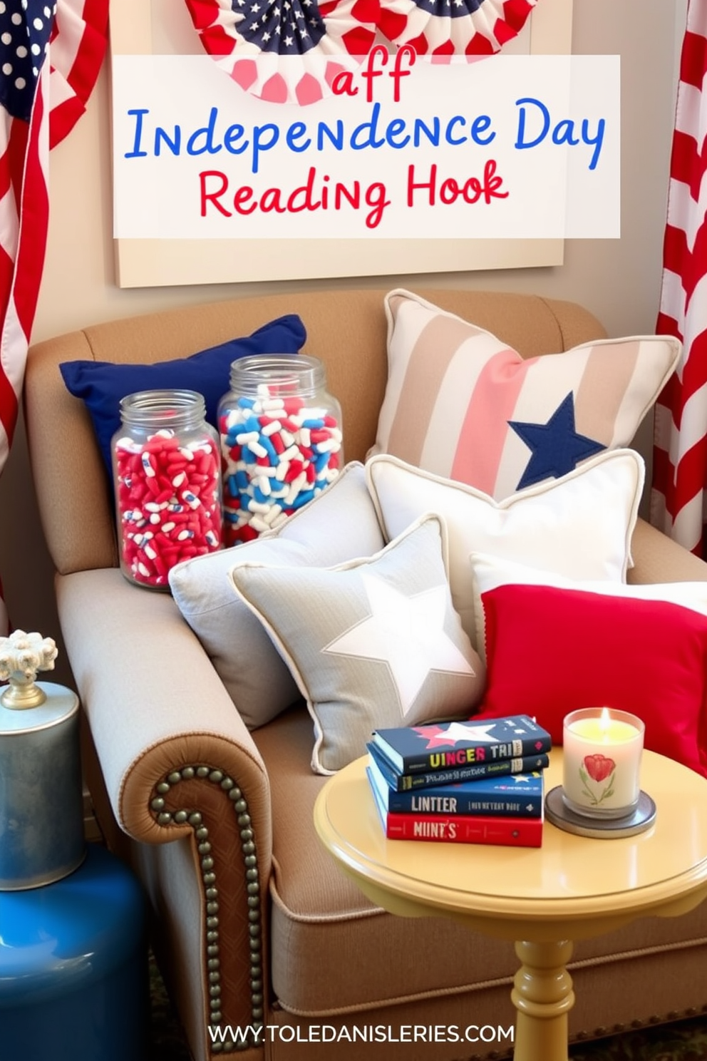 A cozy reading nook decorated for Independence Day features clear jars filled with red white and blue candy. Soft cushions in patriotic colors are arranged on a comfortable armchair, with a small side table holding a stack of books and a festive candle.