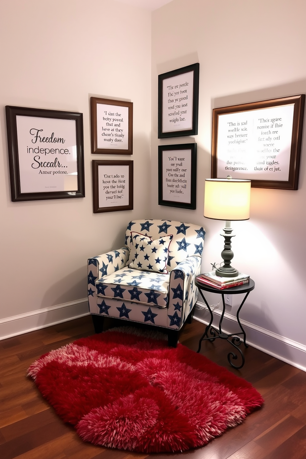 A cozy reading nook designed for celebrating freedom and independence. The space features a comfortable armchair upholstered in a patriotic fabric, with a small side table holding a stack of books and a decorative lamp. Framed quotes about freedom and independence adorn the walls, each in a stylish frame that complements the decor. A plush area rug in red, white, and blue adds warmth to the wooden floor, creating an inviting atmosphere for relaxation and reflection.