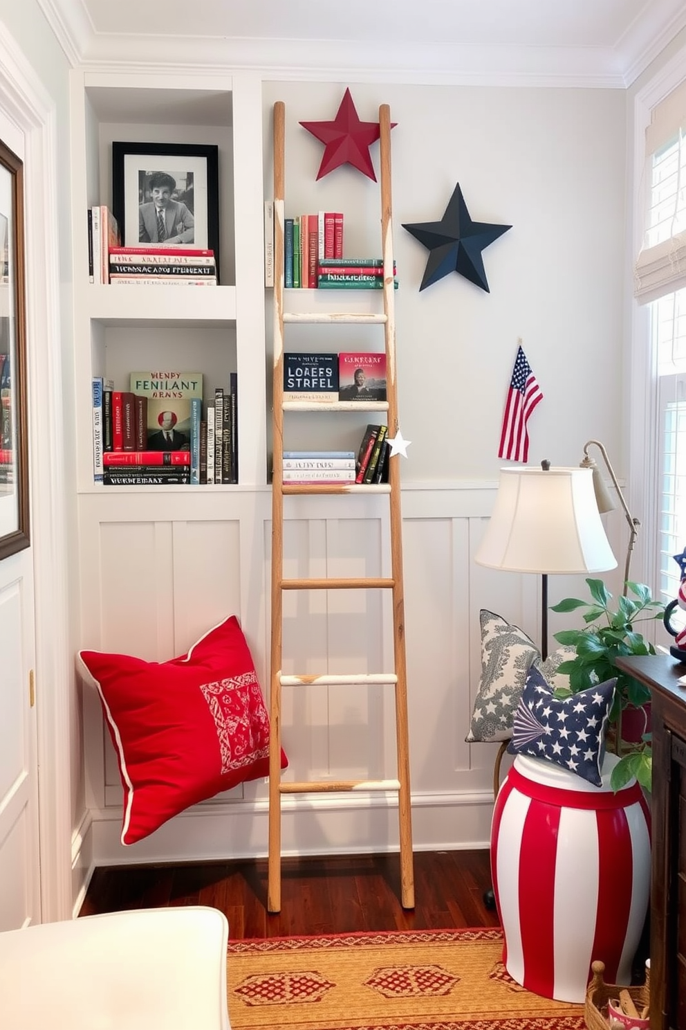 A cozy reading nook featuring a decorative ladder for displaying books. The space is adorned with red, white, and blue accents to celebrate Independence Day.