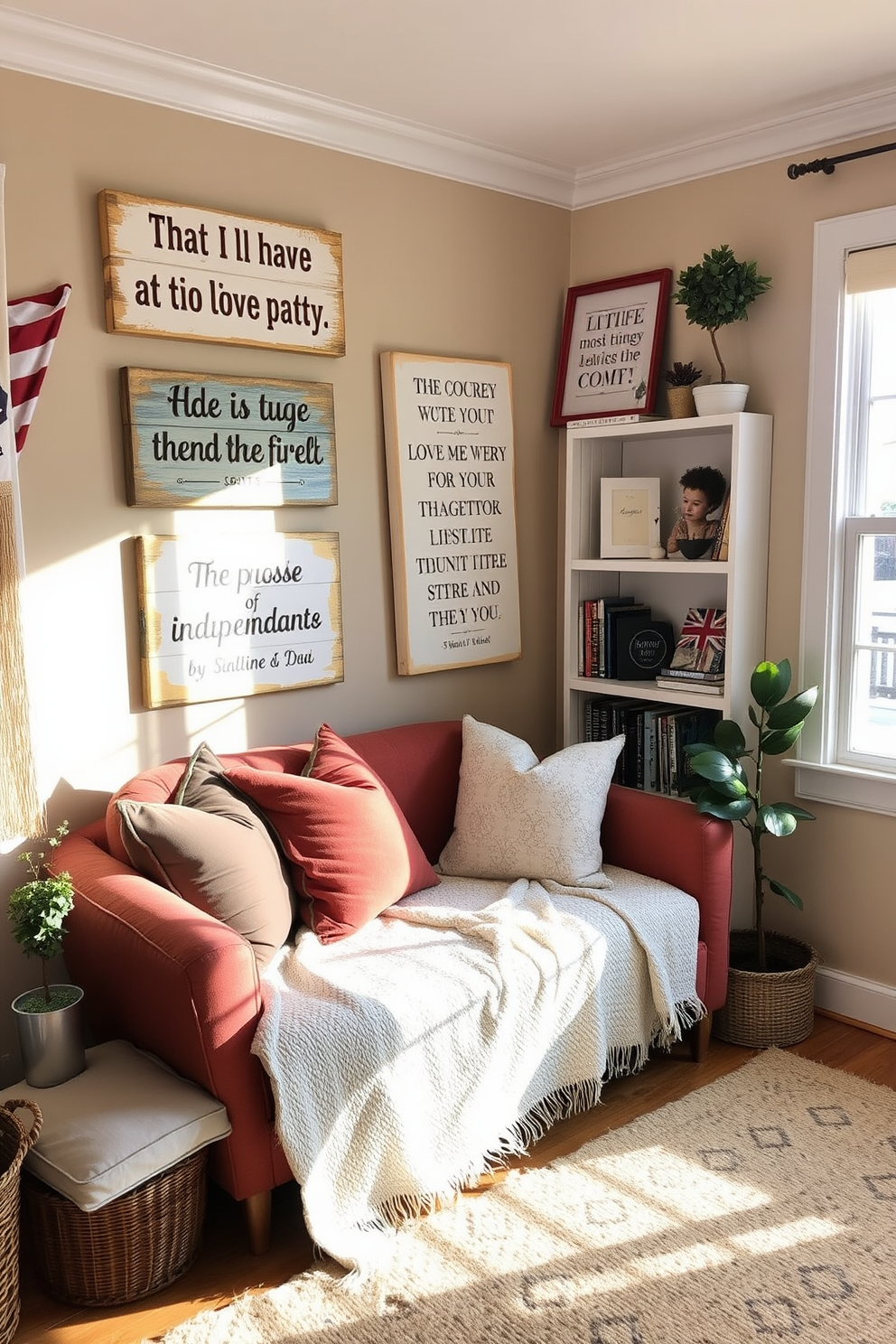 A cozy reading nook adorned with DIY painted wooden signs featuring inspirational quotes. The space is filled with plush cushions, a soft throw blanket, and a warm, inviting color palette that enhances the comfort of the area. The nook is illuminated by natural light streaming through a nearby window, creating a serene atmosphere perfect for relaxation. Shelves lined with books and decorative items add personality and charm to the space, making it an ideal spot for celebrating Independence Day.