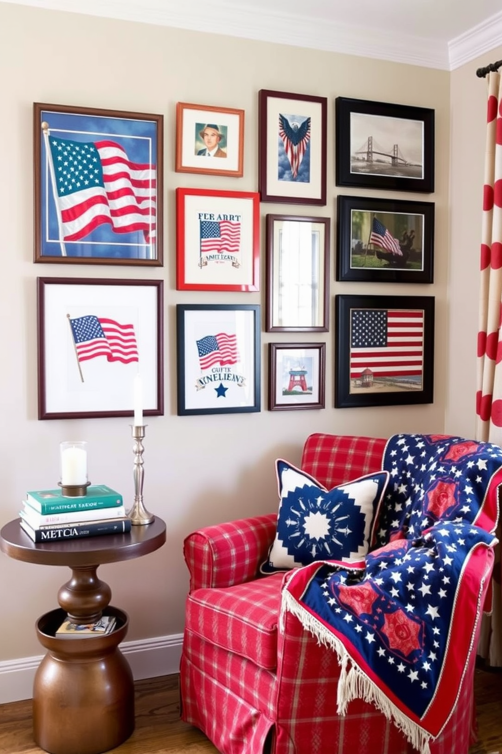 A patriotic themed artwork gallery wall features an array of framed prints showcasing the American flag and iconic symbols of independence. The arrangement is visually balanced, incorporating both large statement pieces and smaller complementary artworks. The Independence Day reading nook is designed for comfort and style, featuring a cozy armchair upholstered in red, white, and blue fabrics. A small side table holds a stack of books and a festive candle, while a quilt drapes over the arm of the chair, adding warmth and charm.