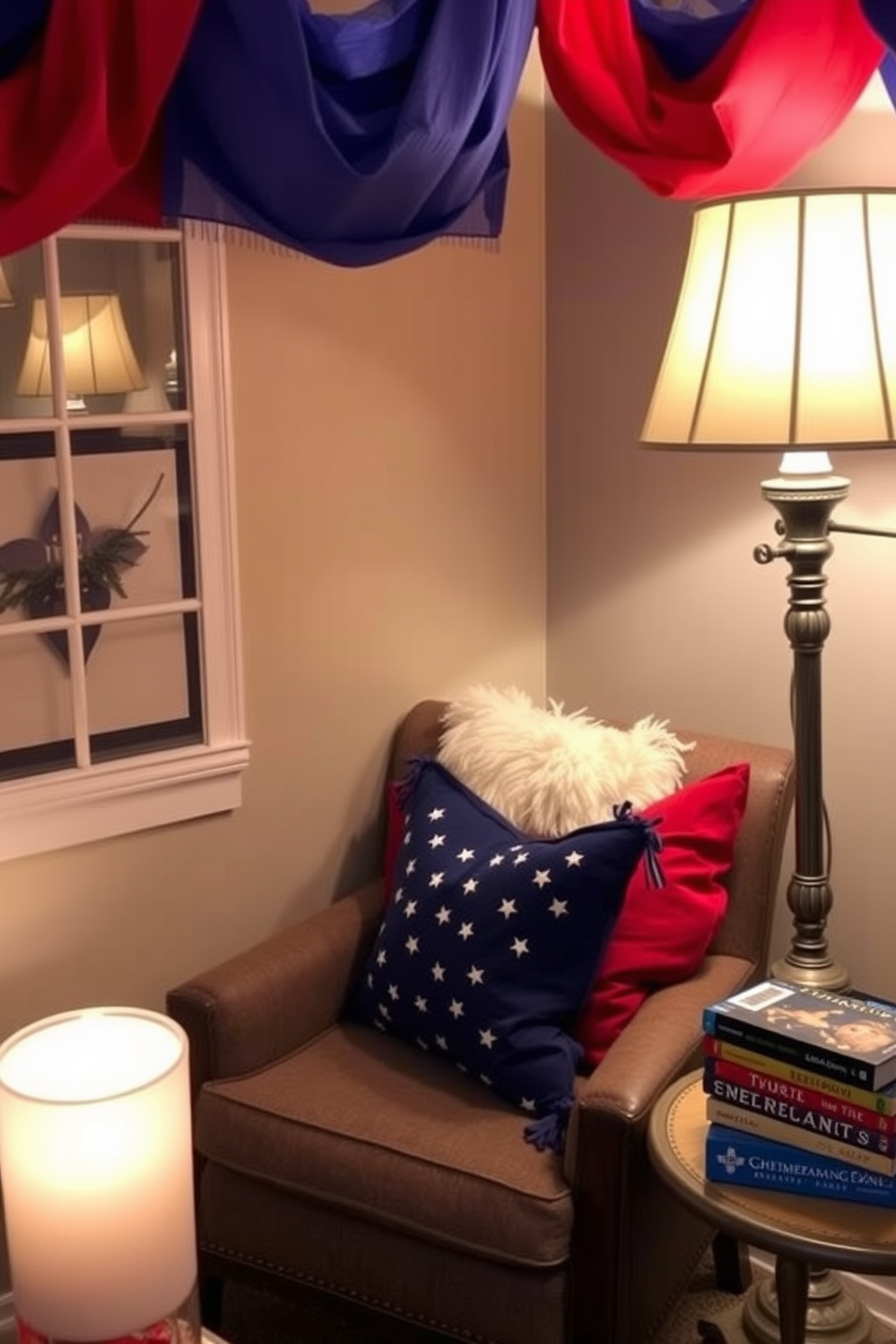 A cozy reading nook bathed in soft lighting with red and blue shades creates a festive atmosphere for Independence Day. Plush cushions in patriotic colors adorn a comfortable armchair, while a small side table holds a stack of books and a decorative candle.