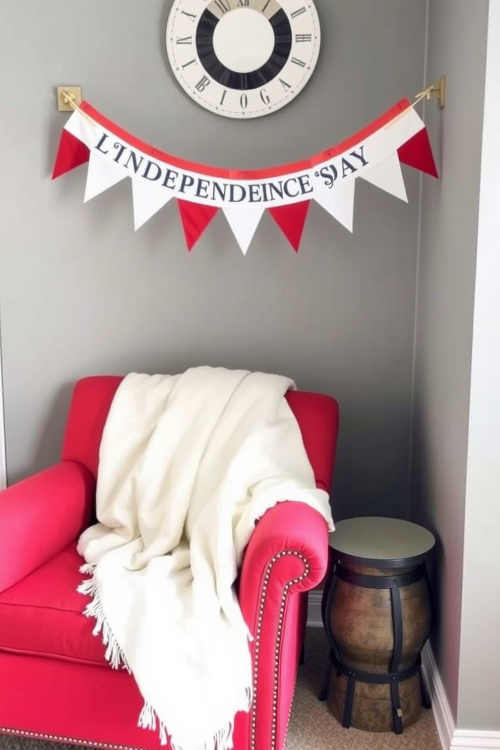 A cozy reading nook decorated for Independence Day features a comfortable armchair upholstered in red and white stripes. Surrounding the nook are shelves filled with art supplies in red, white, and blue hues, creating a festive atmosphere. A small side table holds a stack of books with patriotic covers and a decorative bowl filled with red, white, and blue paint tubes. Soft lighting from a nearby lamp casts a warm glow, enhancing the inviting ambiance of the space.