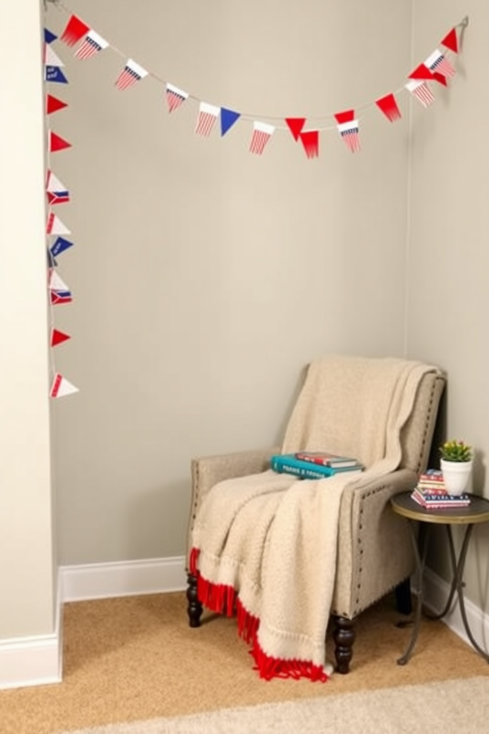 A cozy reading nook adorned with a festive garland featuring mini flags in red white and blue. The nook includes a comfortable armchair draped with a soft throw blanket and a small side table holding a stack of patriotic-themed books.