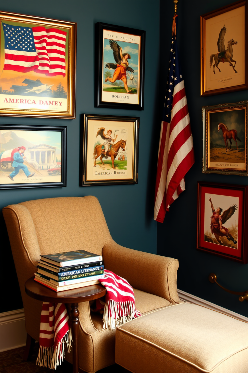 A cozy reading nook adorned with festive bunting celebrating Independence Day. The nook features a comfortable armchair draped with a red white and blue throw blanket alongside a small wooden side table.