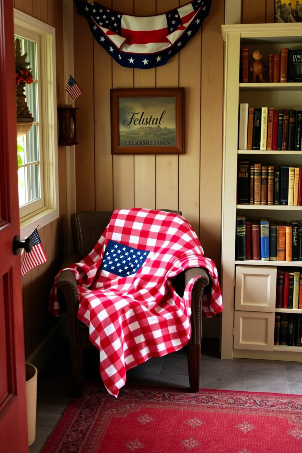 A cozy reading nook adorned with red gingham check curtains that frame a large window. A comfortable armchair is positioned in the corner, accompanied by a small side table holding a stack of patriotic-themed books and a cup of tea.