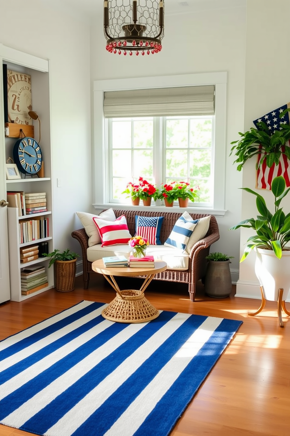 A cozy reading nook adorned with a blue and white striped floor rug that adds a touch of charm. Comfortable seating is arranged near a window, with patriotic decorations celebrating Independence Day.