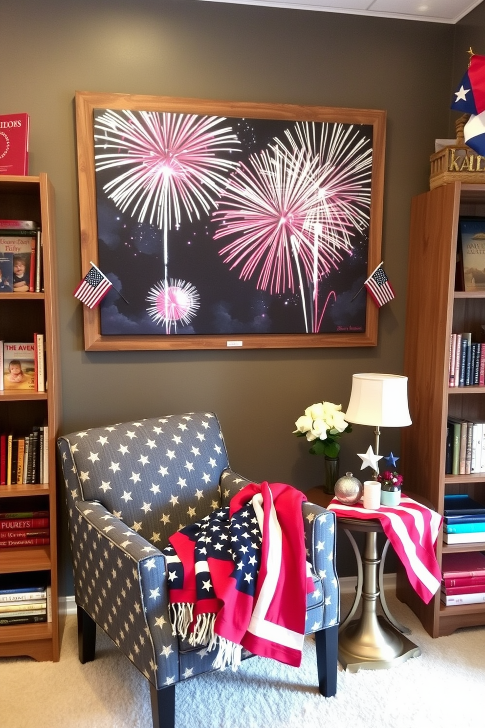 Independence Day themed wall art featuring a large canvas with a vibrant depiction of fireworks bursting in the night sky. The artwork is framed in rustic wood and accented with small American flags and red white and blue bunting. Independence Day Reading Nook decorated with a cozy armchair upholstered in star patterned fabric. Surrounding the nook are shelves filled with books about American history and a small table adorned with patriotic decorations and a red white and blue throw blanket.