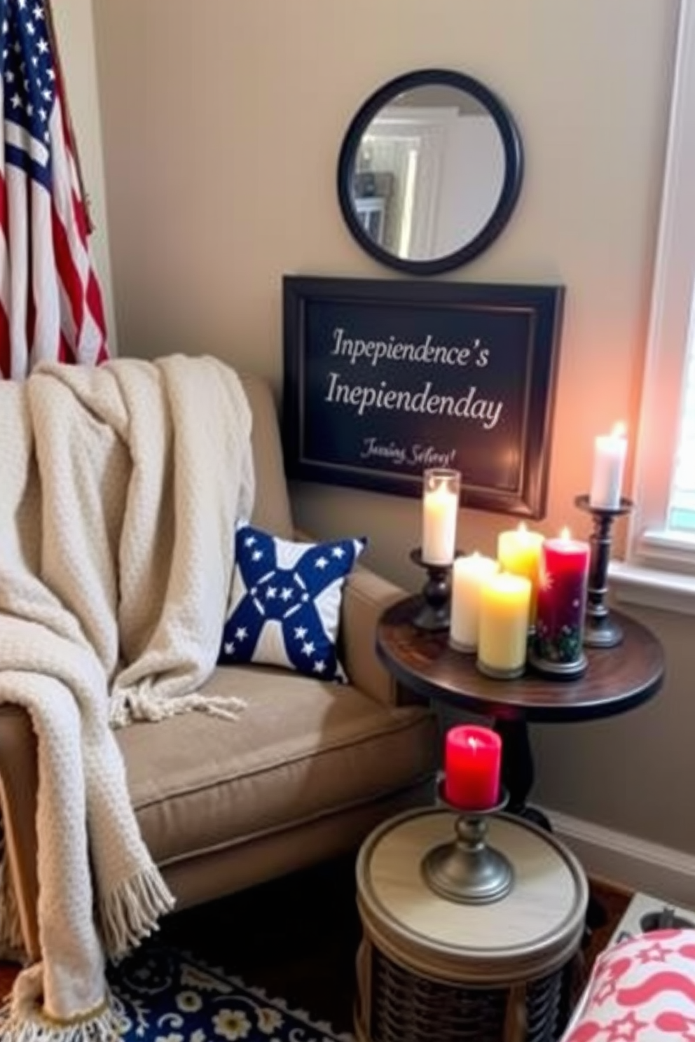 A cozy reading nook adorned with miniature fireworks centerpieces to celebrate Independence Day. The nook features a comfortable armchair draped with a red and white striped throw, surrounded by shelves filled with patriotic-themed books and decor.