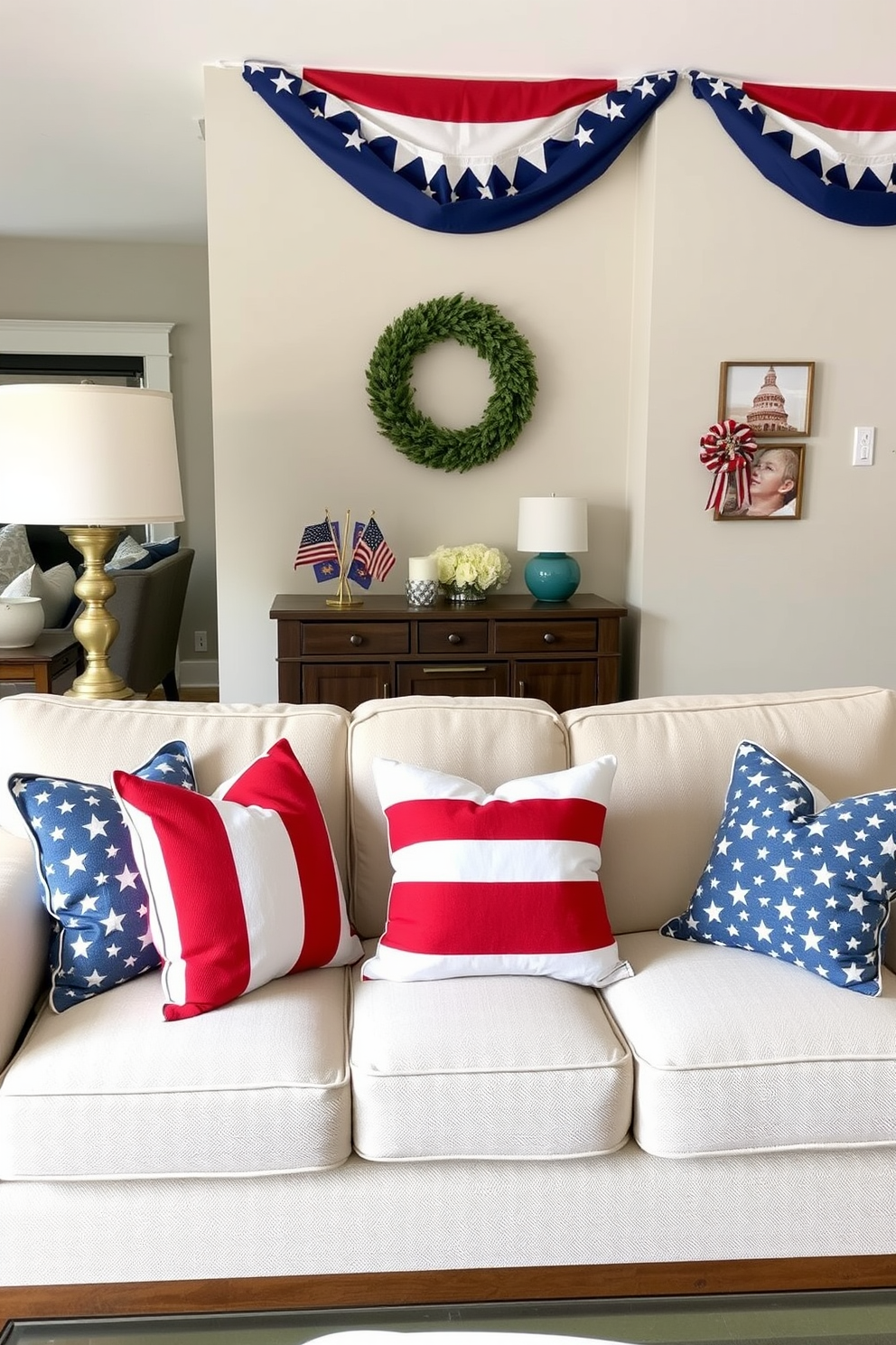 A cozy small living room decorated for Independence Day features a comfortable sofa adorned with red white and blue throw pillows. The pillows are arranged in an inviting manner, adding a festive touch to the space while complementing the neutral tones of the furniture.