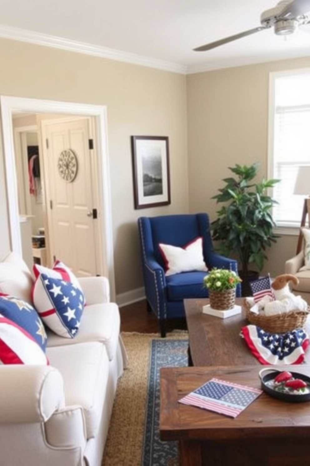 A cozy small living room featuring red white and blue accent chairs that celebrate Independence Day. The walls are painted a soft beige and complemented by a rustic wooden coffee table adorned with patriotic decorations.