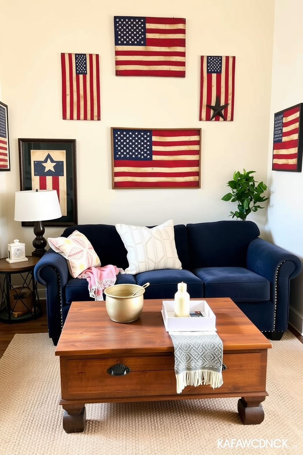 A cozy small living room adorned with vintage flags framed as artwork, celebrating Independence Day. The walls are painted in a soft cream color, and a plush navy blue sofa is positioned in front of a rustic wooden coffee table.