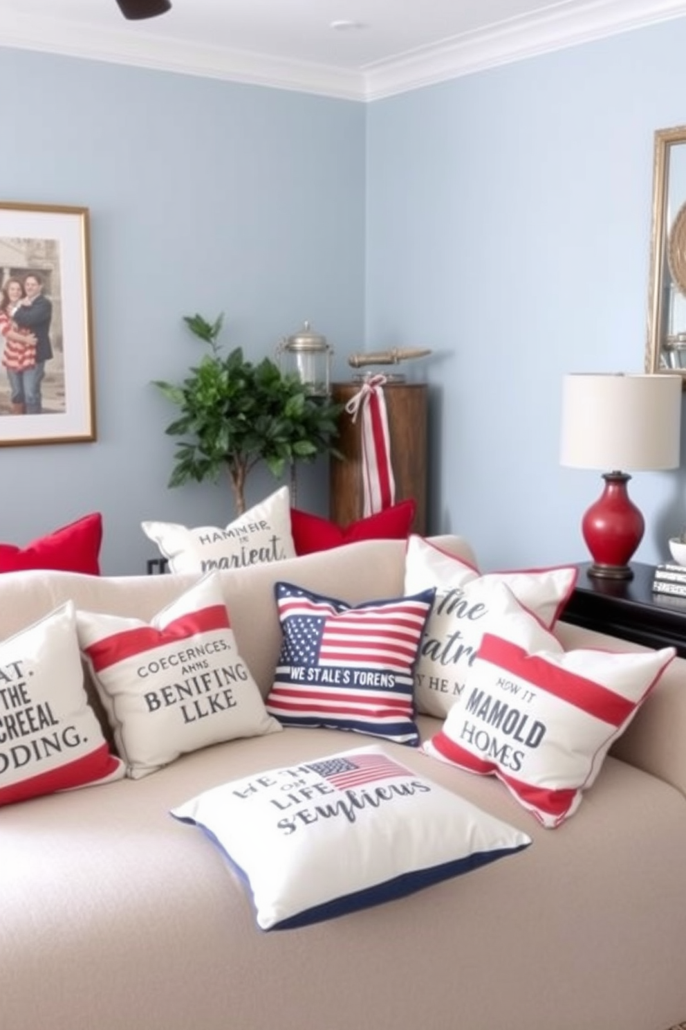 Cushions with patriotic quotes are scattered across a cozy small living room. The walls are painted in a soft blue hue, complementing the red and white accents of the decor.