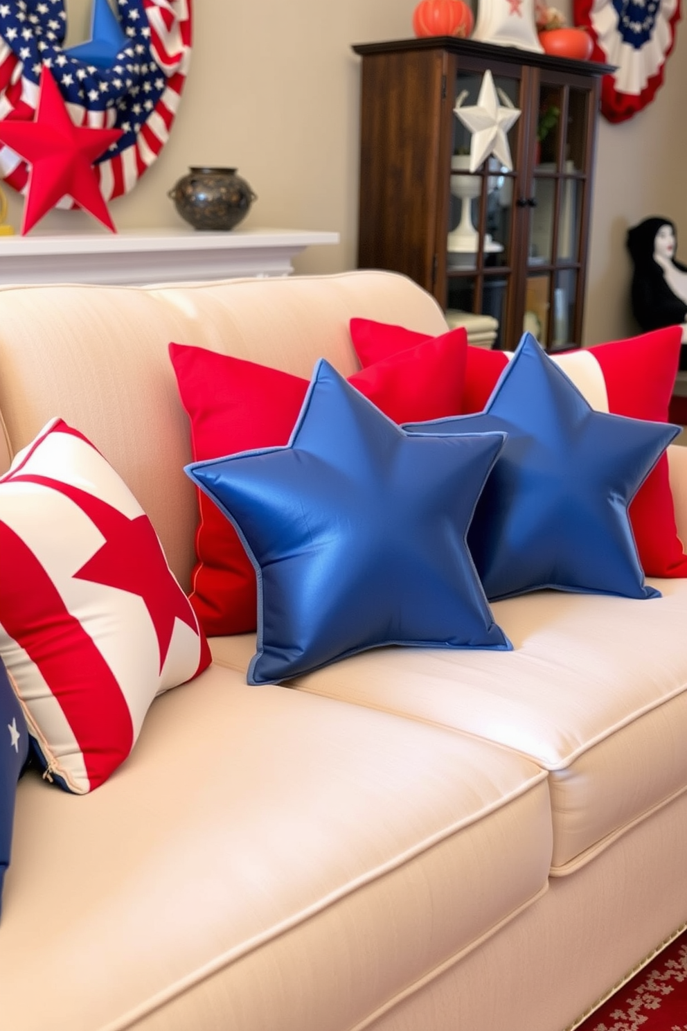 Star shaped decorative pillows are arranged on a plush sofa in a cozy living room. The vibrant red, white, and blue color scheme creates a festive atmosphere for Independence Day celebrations.