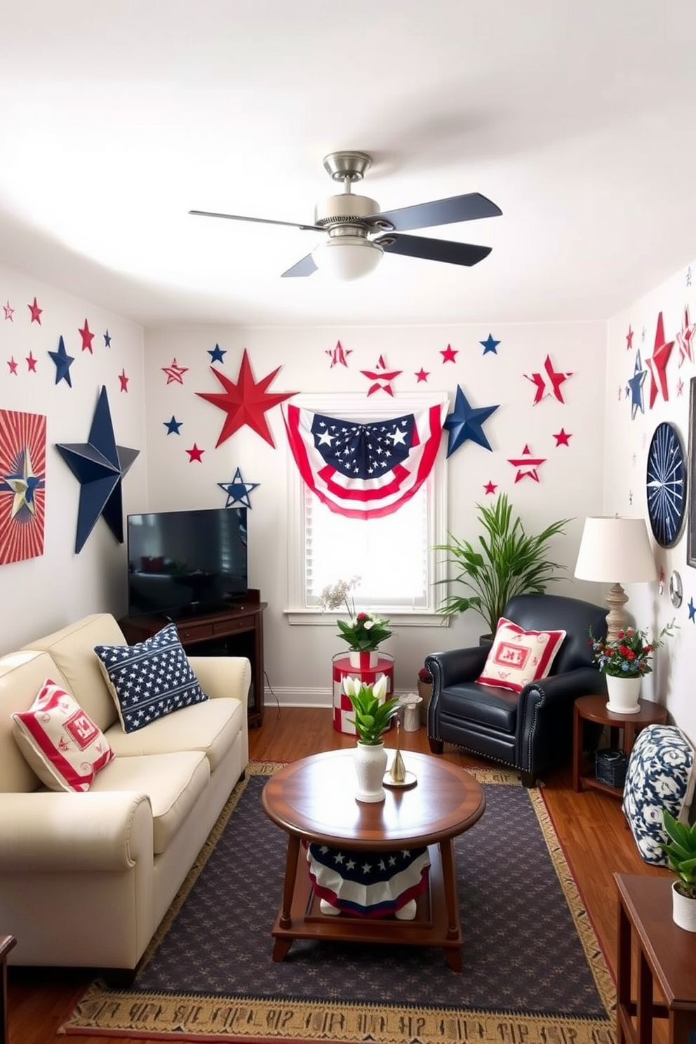 Cushions with flag motifs are strategically placed on a cozy sectional sofa in a small living room. The space is adorned with patriotic decor, including a vibrant red, white, and blue color palette that enhances the festive atmosphere for Independence Day.