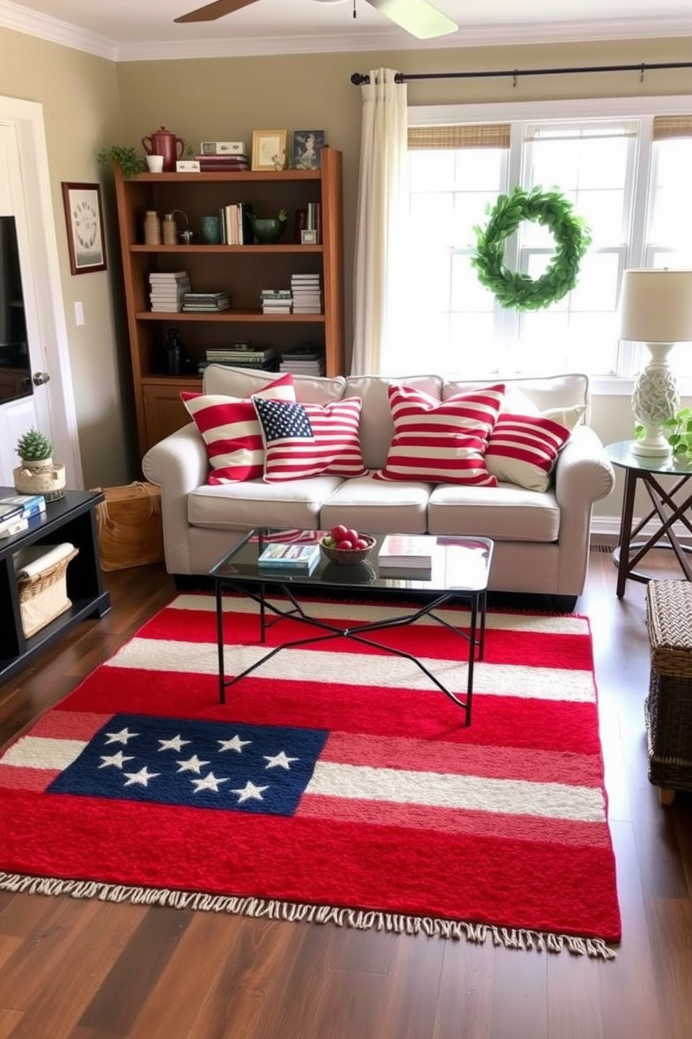 A cozy small living room features a vibrant red white and blue area rug that adds a festive touch for Independence Day. The rug is placed in front of a comfortable sofa adorned with patriotic throw pillows, creating a welcoming atmosphere for gatherings.