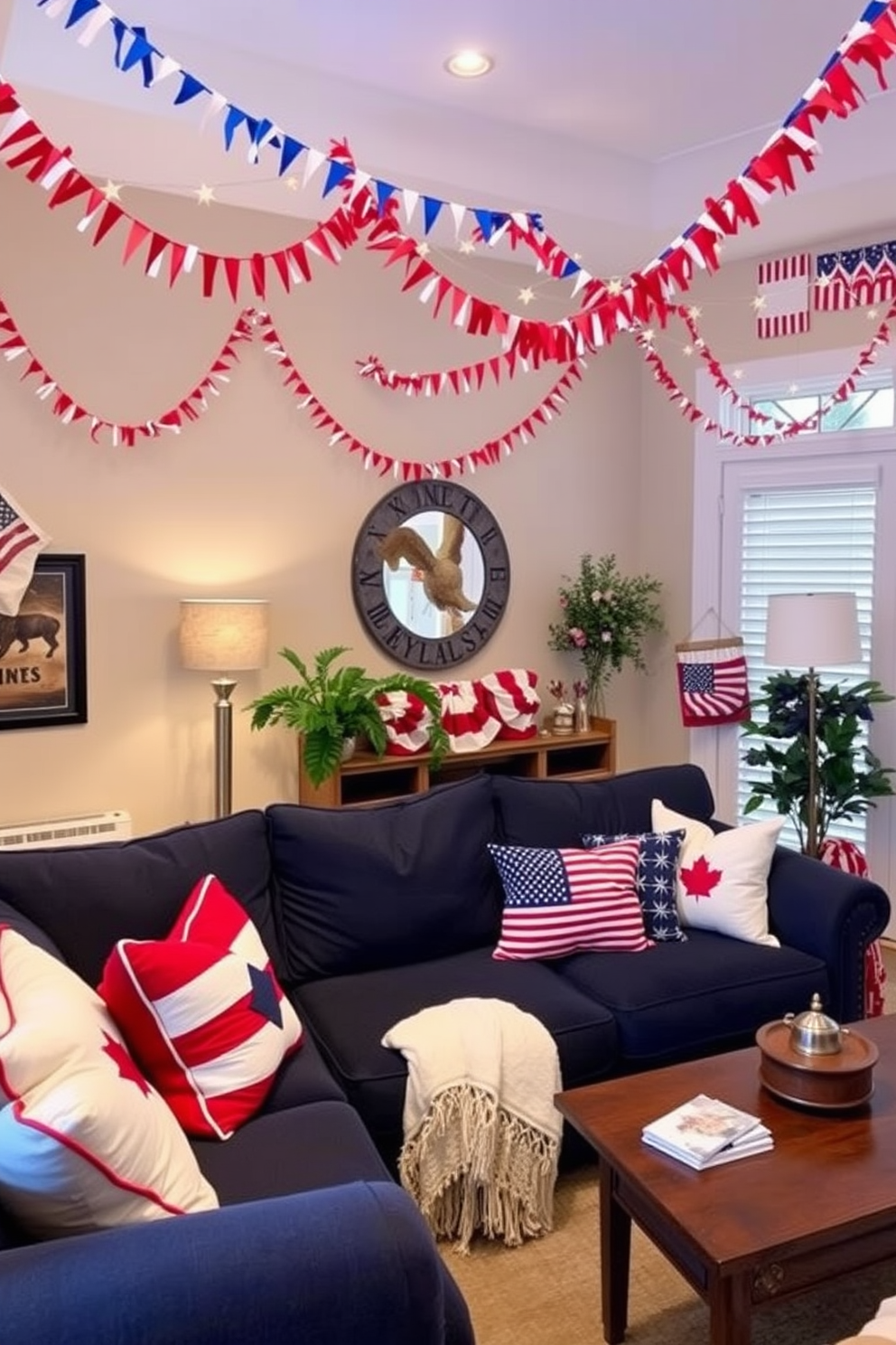 A cozy small living room decorated for Independence Day features string lights in red, white, and blue draped across the ceiling. The space is adorned with festive throw pillows and a small coffee table topped with a patriotic centerpiece of flowers and candles.