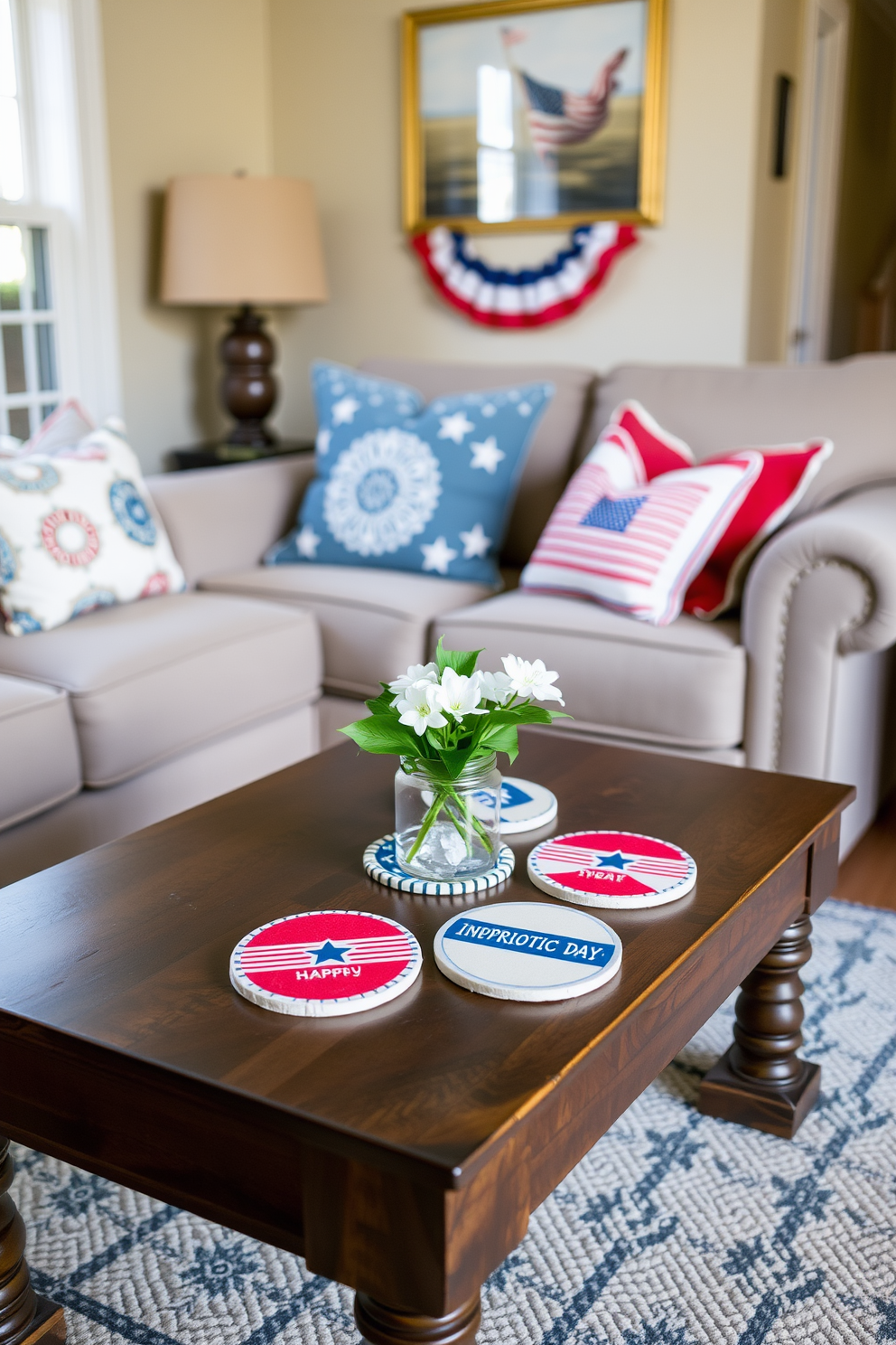 A cozy small living room adorned with patriotic themed coasters on a wooden coffee table. The coasters feature red white and blue designs celebrating Independence Day while a plush sofa and decorative throw pillows complete the festive atmosphere.