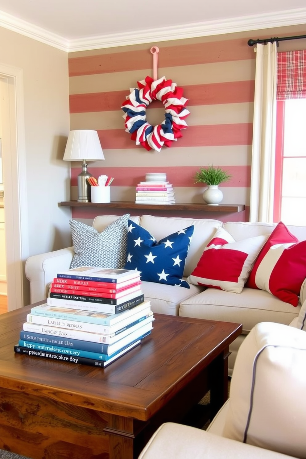 A cozy small living room decorated in Americana style features a collection of books stacked decoratively on a rustic wooden coffee table. Red white and blue accents are incorporated throughout the space with throw pillows and a festive wreath on the wall for Independence Day.