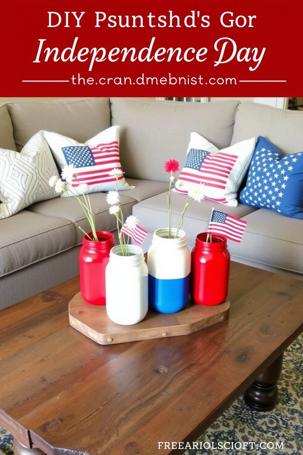 A cozy small living room decorated for Independence Day features a stylish arrangement of DIY painted mason jar vases in red, white, and blue. The vases are placed on a rustic wooden coffee table surrounded by a comfortable sectional sofa adorned with patriotic throw pillows.