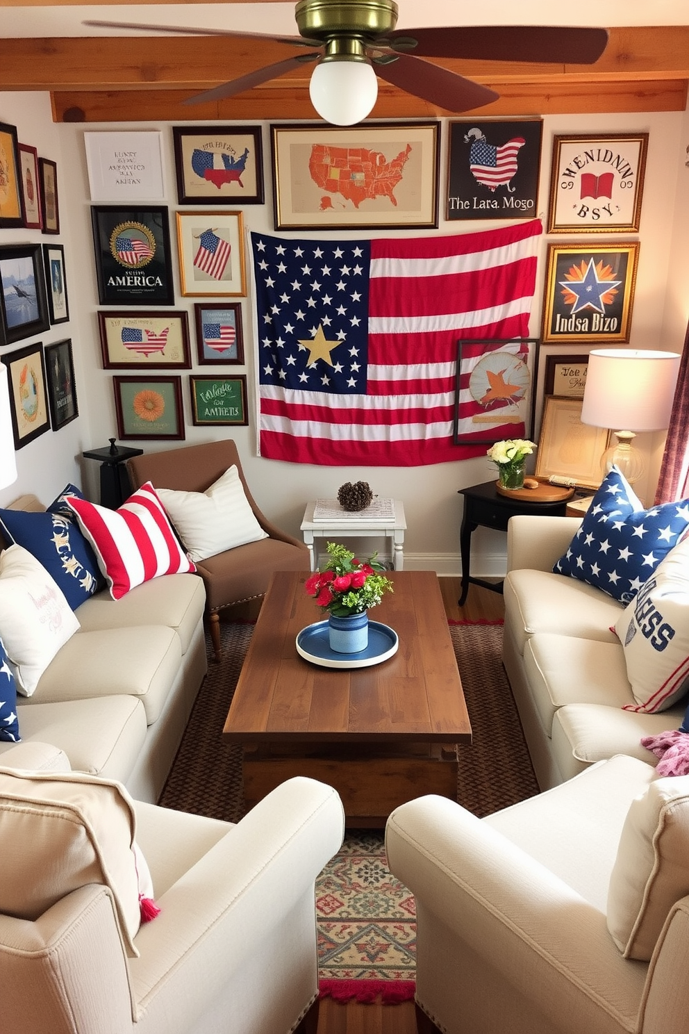 A cozy small living room adorned with vintage Americana wall art celebrating Independence Day. The walls are decorated with framed prints of classic American symbols, and a rustic wooden coffee table sits in the center of the room surrounded by comfortable seating.