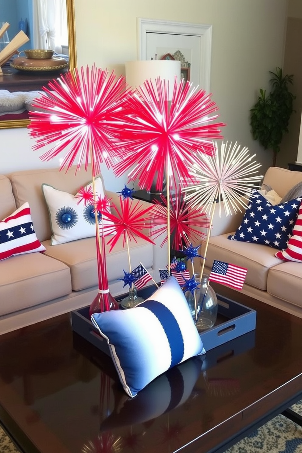 Tabletop fireworks decorations create a festive atmosphere for Independence Day celebrations. In a small living room, use vibrant colors and varying heights to arrange the decorations on a coffee table, complemented by patriotic-themed cushions and throws.