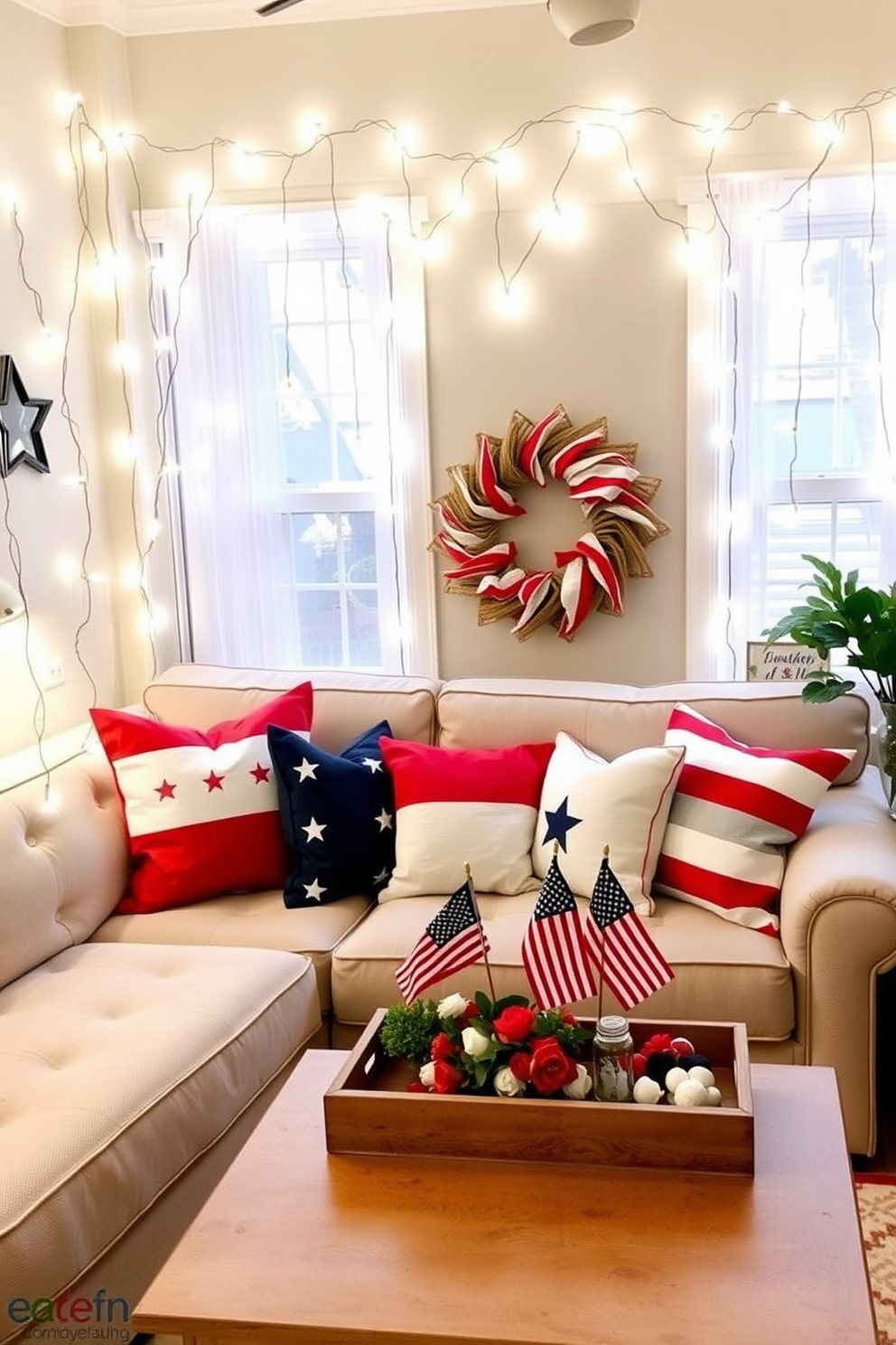 Independence Day themed coasters featuring a rustic design with red white and blue colors. Each coaster showcases iconic symbols such as stars and stripes along with subtle fireworks patterns. Independence Day small living room decorating ideas that incorporate patriotic colors with comfortable seating arrangements. A focal point can be created using a centerpiece of red white and blue decorative pillows on a neutral sofa.