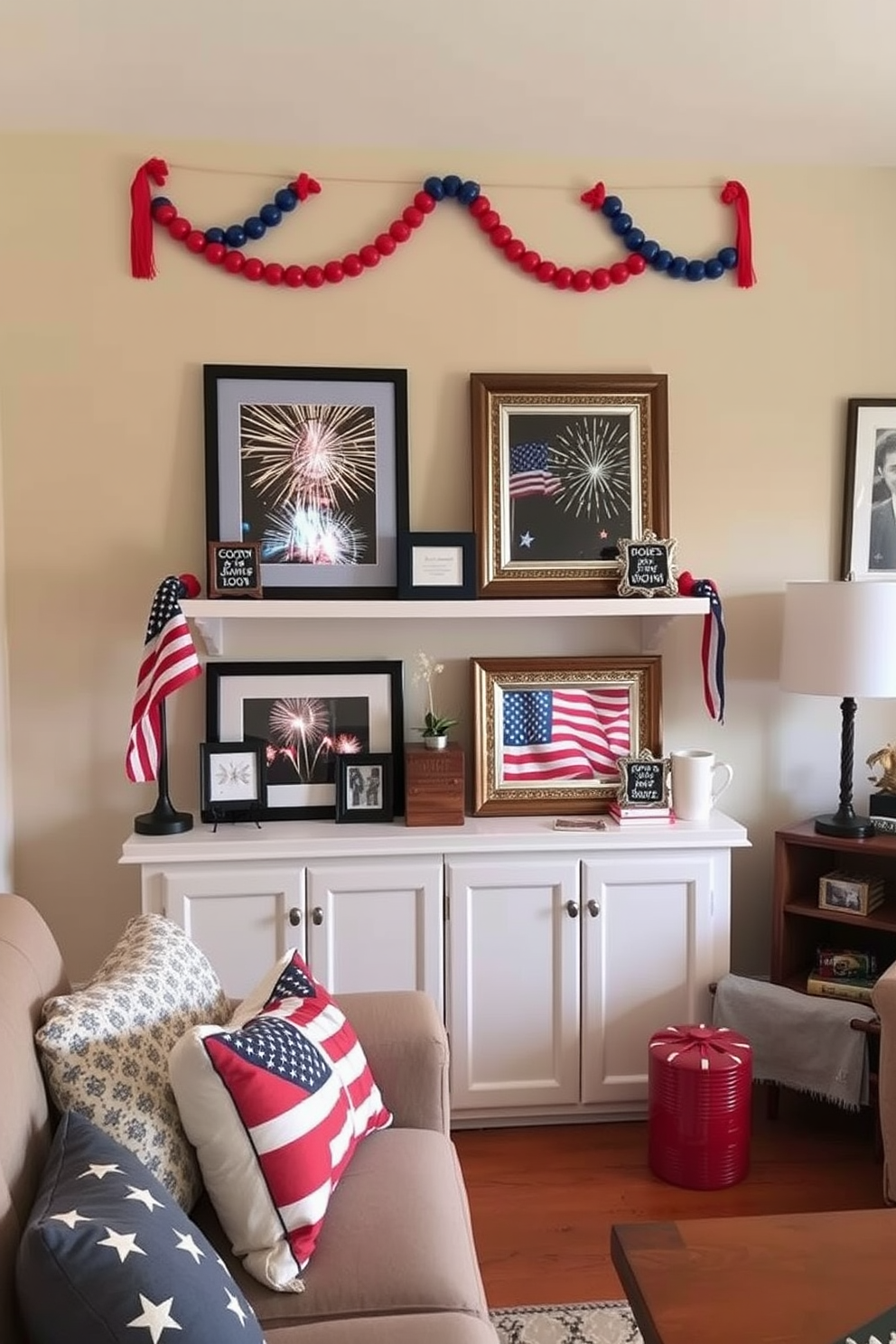 A cozy small living room decorated for Independence Day features patriotic themed picture frames displayed on shelves. The frames showcase vibrant images of fireworks and the American flag, adding a festive touch to the space.