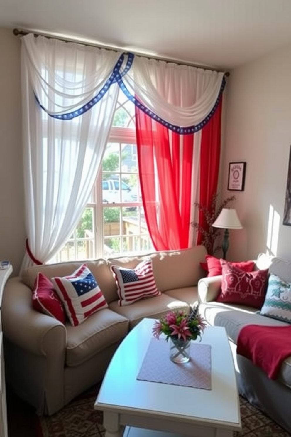 A cozy small living room adorned with red white and blue themed curtains that flutter gently in the breeze. The space features a comfortable sofa with patriotic throw pillows and a coffee table decorated with festive accents for Independence Day.