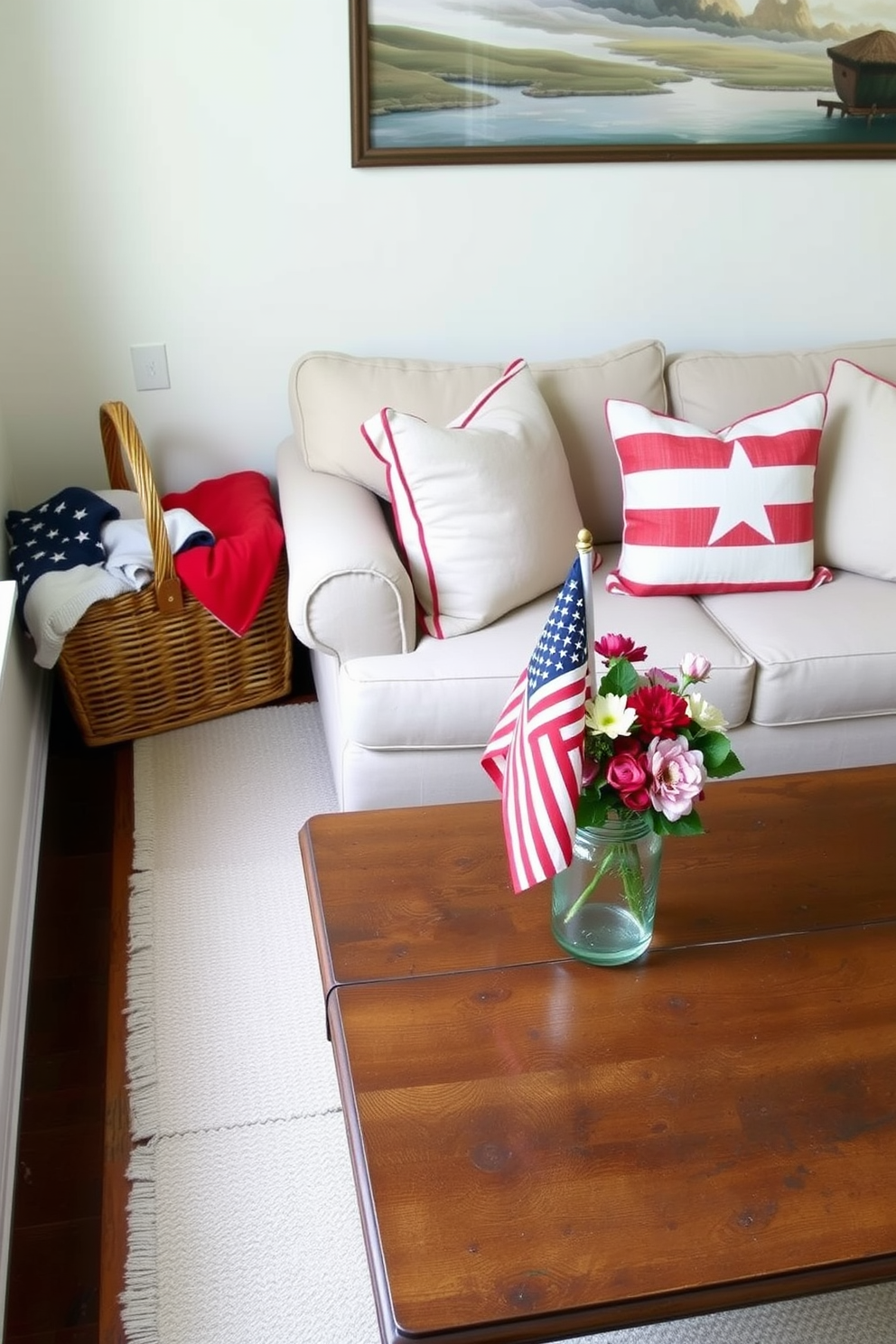 Decorative jars in vibrant flag colors are arranged on a sleek coffee table, celebrating the spirit of Independence Day. The small living room features a cozy seating area with a neutral sofa, accented by red, white, and blue throw pillows for a festive touch.