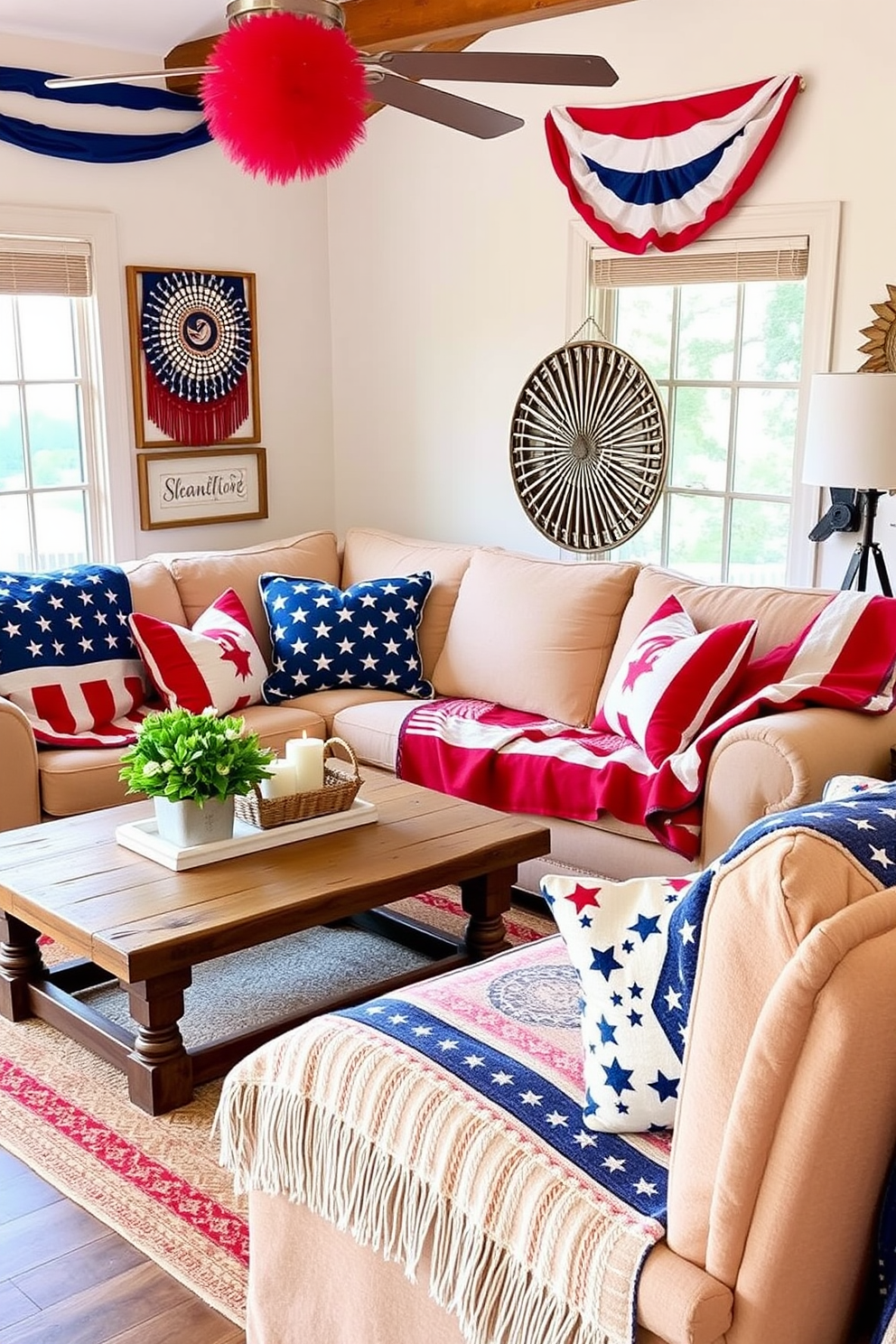 A small living room adorned with patriotic themed art prints celebrating Independence Day. The walls are decorated with framed prints featuring the American flag and iconic symbols of freedom, creating a vibrant and festive atmosphere.