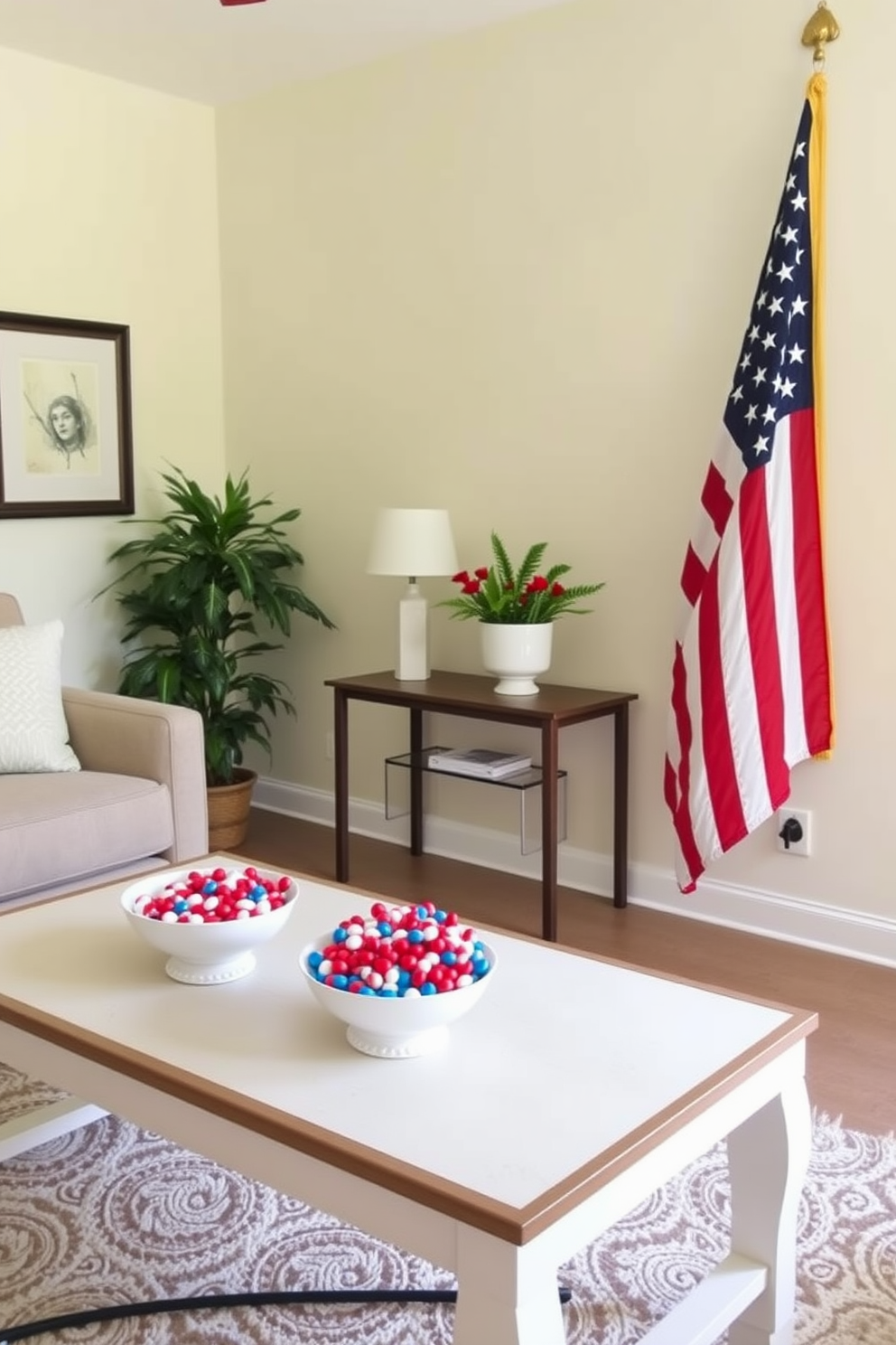 A cozy small living room decorated for Independence Day features a stylish coffee table adorned with decorative bowls filled with red, white, and blue candies. The walls are painted a soft cream color, and a vibrant American flag hangs prominently on one side, creating a festive atmosphere.