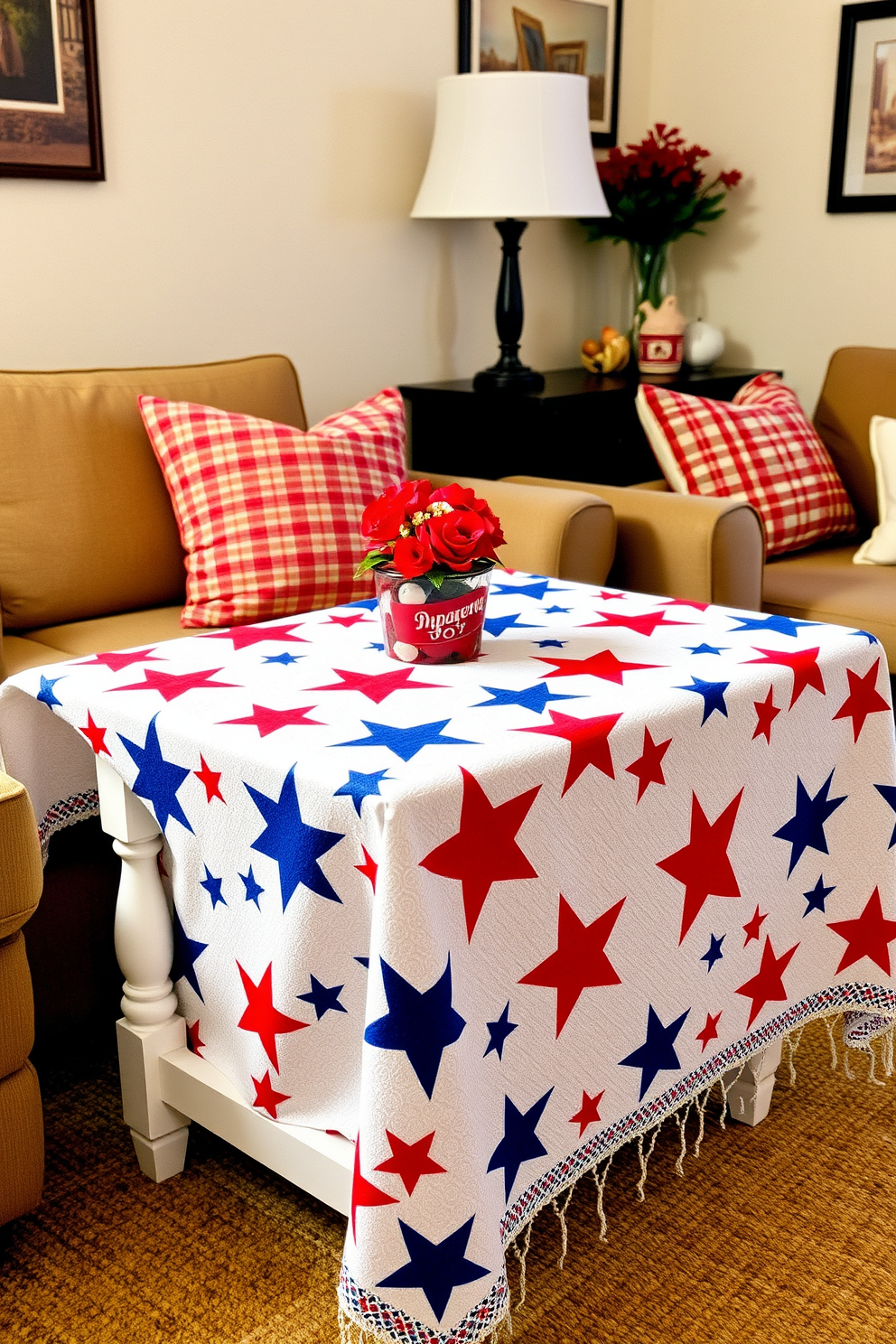 A side table adorned with a star patterned tablecloth in vibrant red, white, and blue hues, celebrating Independence Day. The small living room features cozy seating arrangements with patriotic throw pillows and subtle decorative accents that enhance the festive atmosphere.