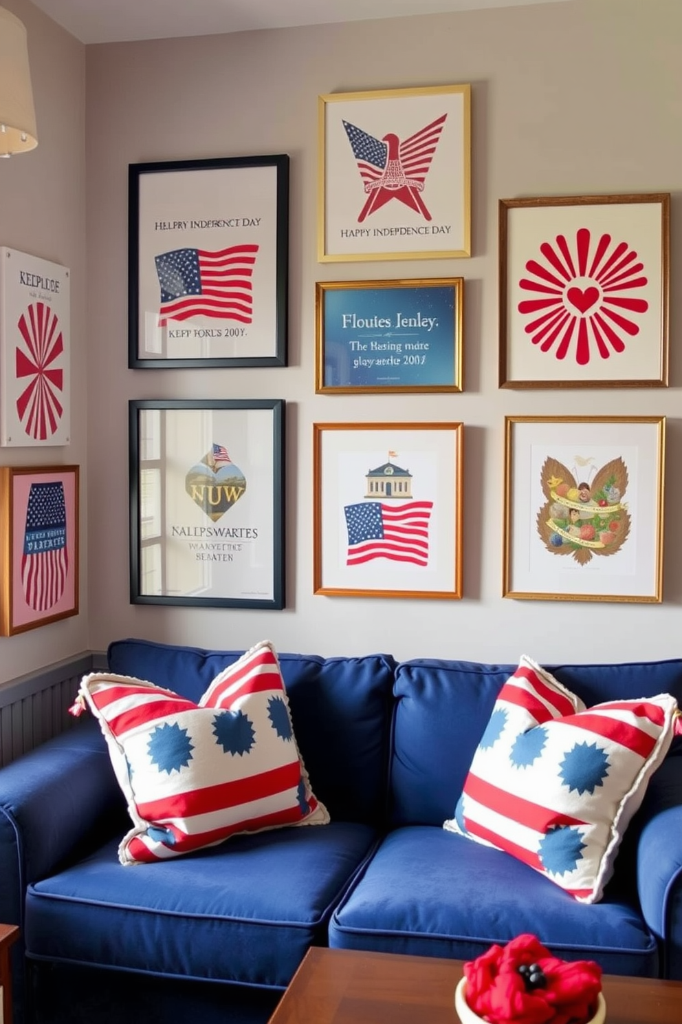 A vibrant Independence Day themed small living room features a cozy sofa adorned with red white and blue throw pillows. On the coffee table sits a collection of miniature sculptures representing iconic American symbols such as the flag and the bald eagle. The walls are decorated with festive artwork showcasing fireworks and stars in patriotic colors. A small area rug with a star pattern anchors the space while string lights add a warm glow to the festive atmosphere.