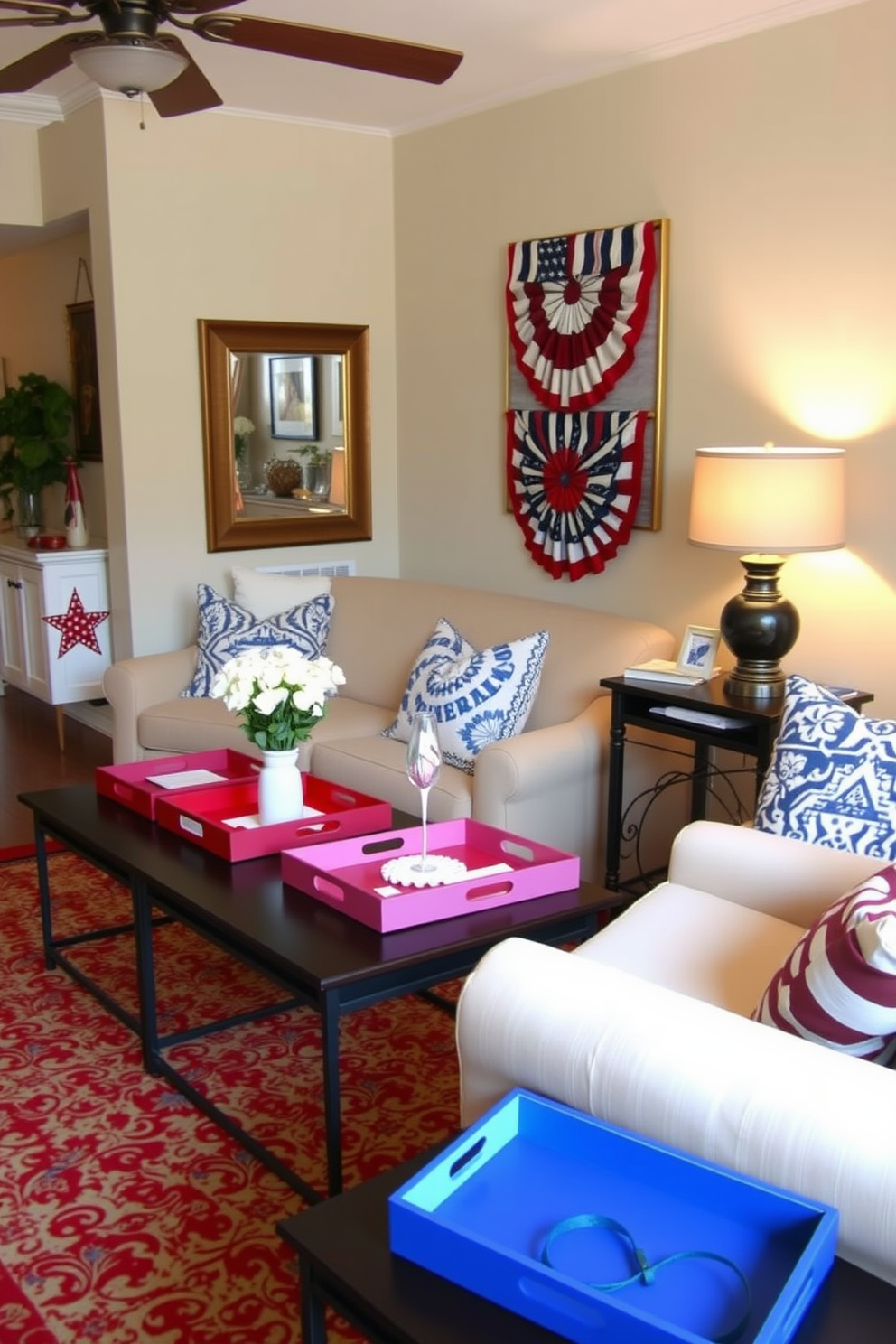 Decorative trays in vibrant red, white, and blue hues are arranged on a sleek coffee table, adding a festive touch to the space. The small living room features a cozy seating area with a plush sofa adorned with throw pillows showcasing stars and stripes. A charming display of small potted plants sits alongside the trays, bringing a touch of greenery to the patriotic theme. Subtle lighting from a stylish floor lamp enhances the warm ambiance, perfect for celebrating Independence Day with family and friends.