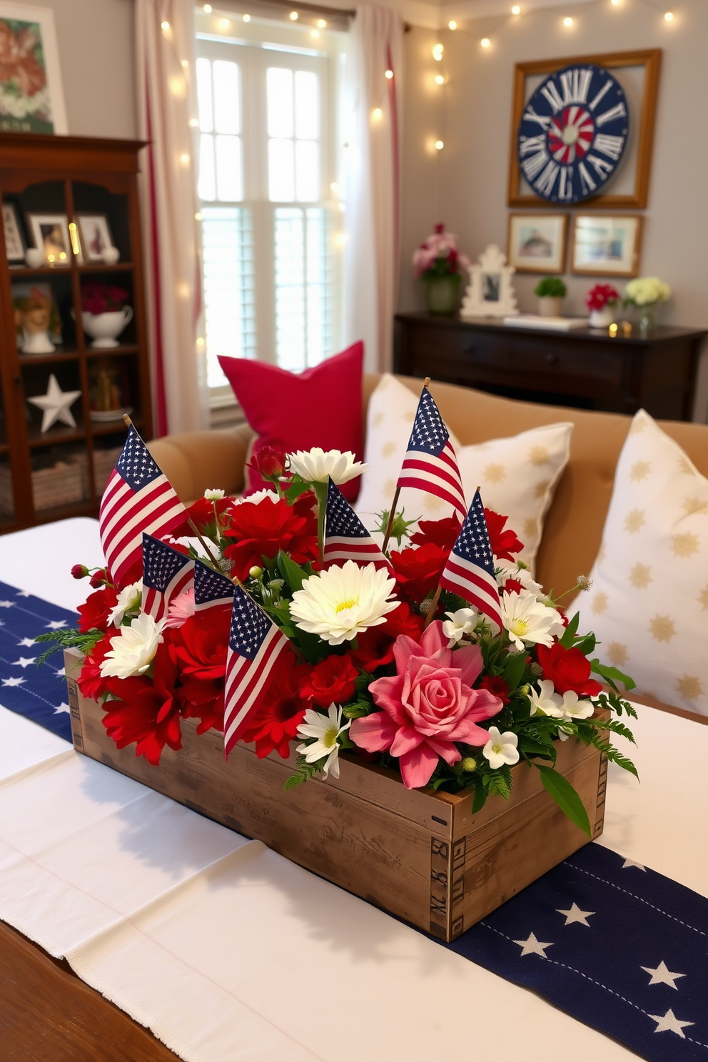 A patriotic themed table centerpiece features a vibrant red white and blue color scheme with a mix of flowers and decorative elements. The arrangement includes small American flags nestled among fresh blooms in a rustic wooden box placed on a white tablecloth. For Independence Day small living room decorating ideas, incorporate star shaped pillows and a red white and blue throw blanket on the couch. Accent the space with festive wall art and string lights to create a warm and inviting atmosphere.