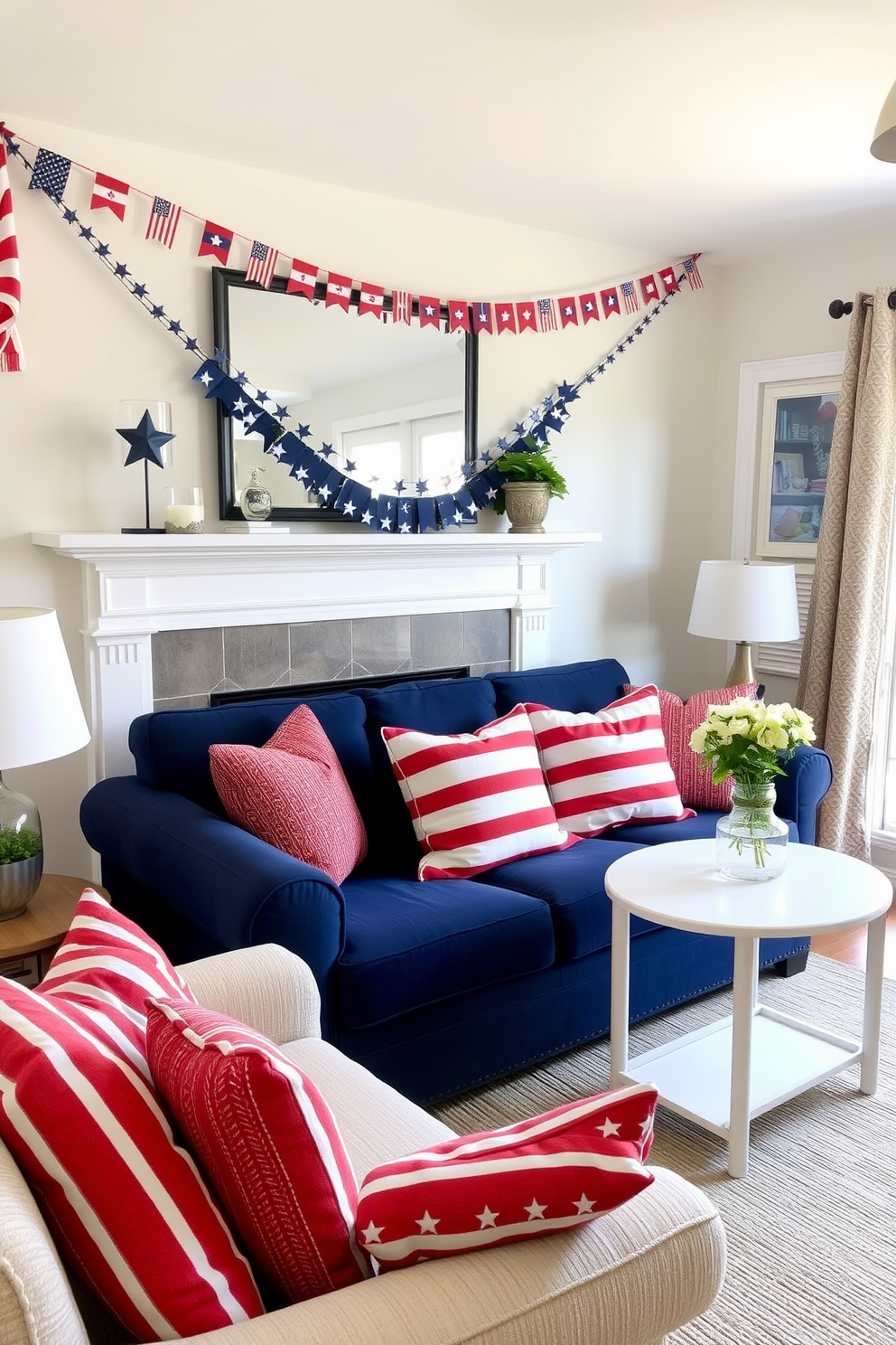 Star spangled bunting drapes elegantly across the mantel creating a festive atmosphere for Independence Day. The small living room features a cozy arrangement of a navy blue sofa and a white coffee table adorned with red and white striped cushions.