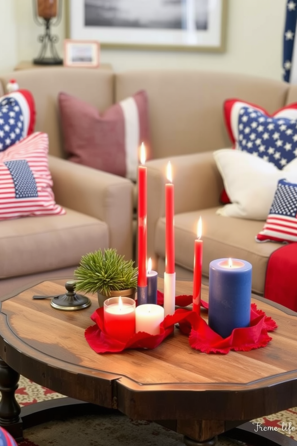 A small living room decorated for Independence Day features a cozy arrangement with festive candles in red white and blue. The candles are placed on a rustic coffee table surrounded by comfortable seating adorned with patriotic throw pillows.