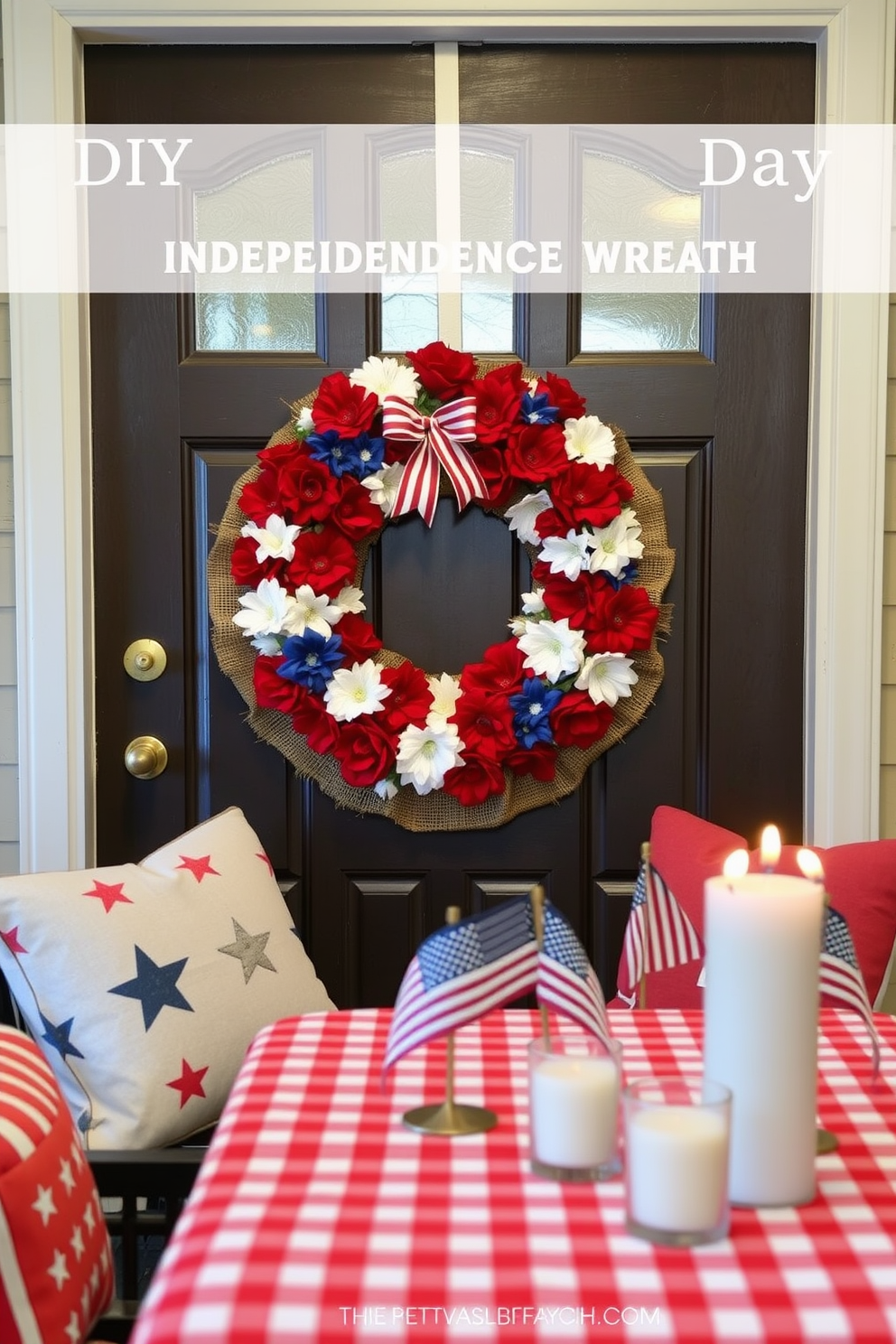 A vibrant DIY Independence Day wreath adorns the front door, crafted from red, white, and blue flowers with a rustic burlap base. The wreath features stars and stripes accents, celebrating the spirit of the holiday. In the small living room, a patriotic theme is embraced with throw pillows in star patterns on a cozy sofa. A festive table setting showcases a red and white checkered tablecloth with small American flags and candles for a warm ambiance.